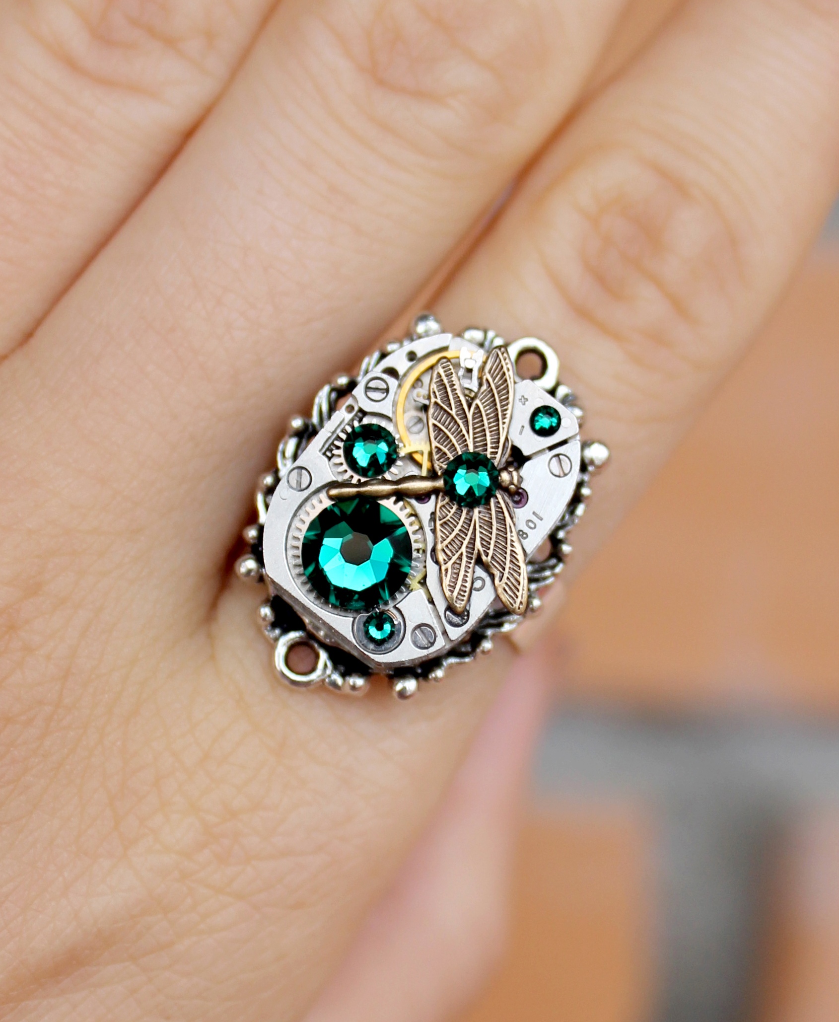 Винтажное Стимпанк Кольцо "Стрекоза на Удачу"