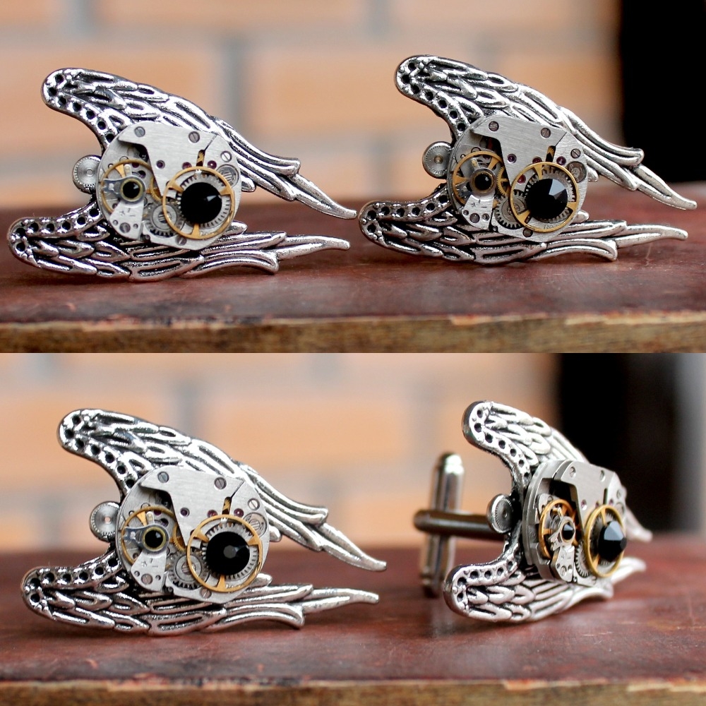 Винтажные Стимпанк Запонки"Alfa Romeo"со Сваровски и Винтажными Часовыми Механизмами