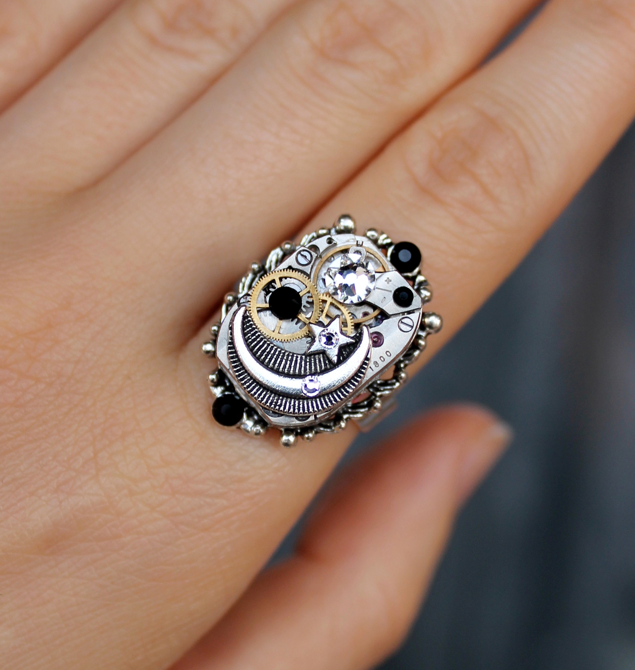Стимпанк кольцо со Swarovski, Полумесяцем и Звездой
