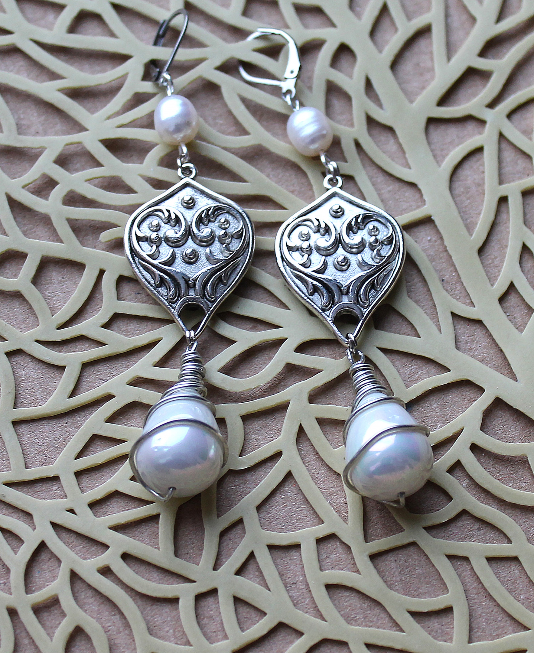 Красивые Винтажные Серьги "Райская Бухта" с Натуральным Жемчугом