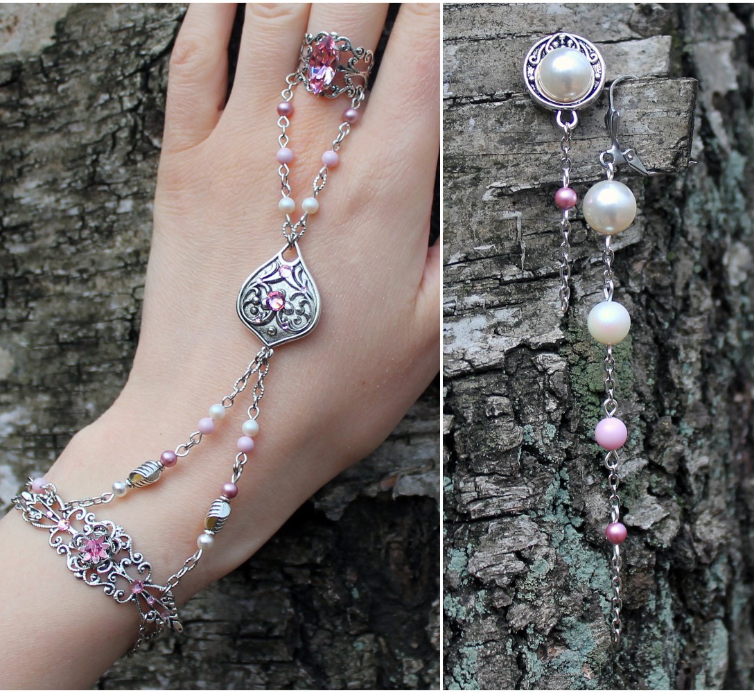 Винтажный комплект (слейв-браслет + асимметричные серьги) с жемчугом и Кристаллами Swarovski