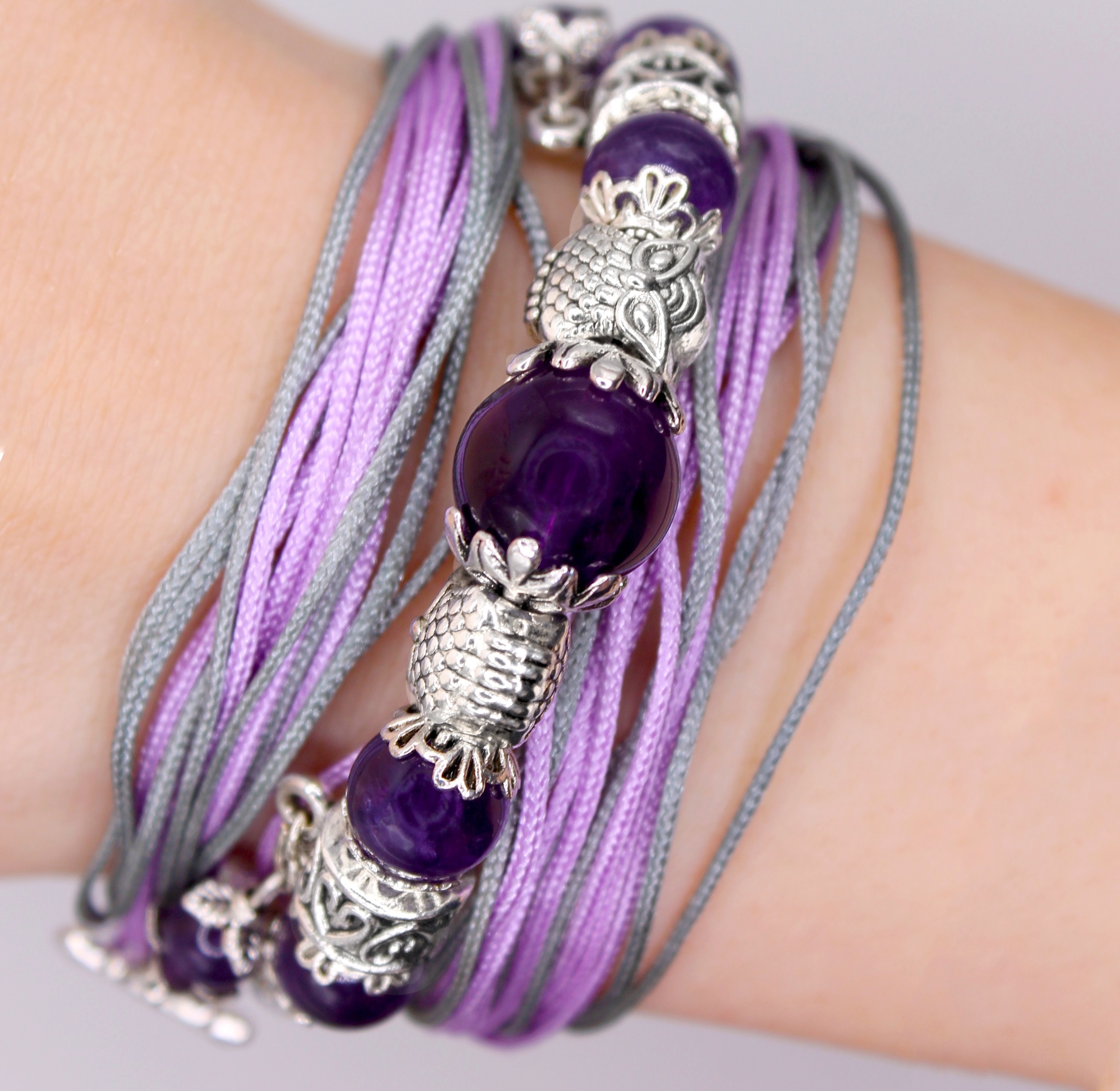Многослойный Бохо Браслет с Аметистом и Совами