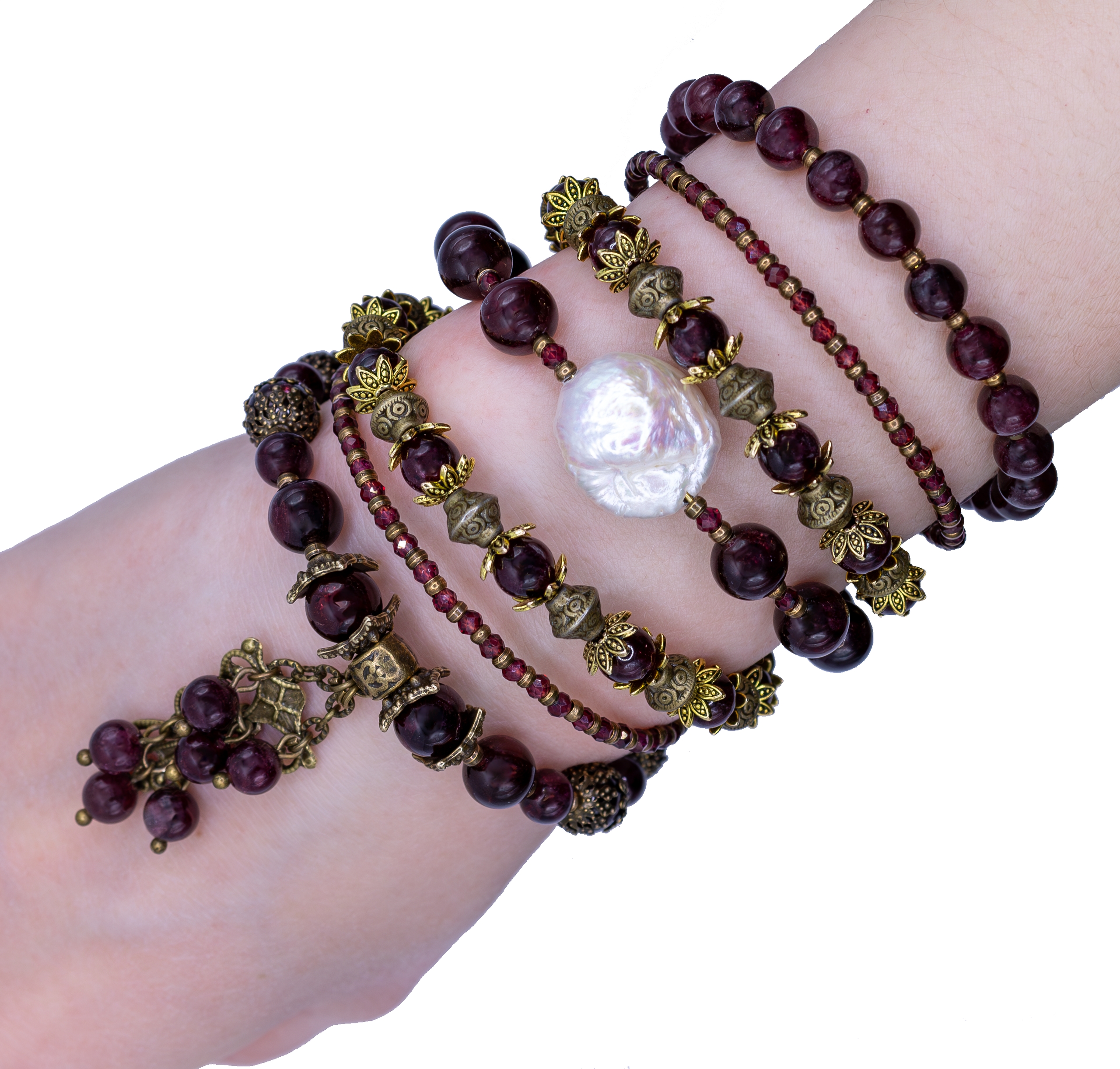 Многослойный Винтажный Браслет с Натуральным Гранатом и Жемчугом "Роскошь 19 Века"