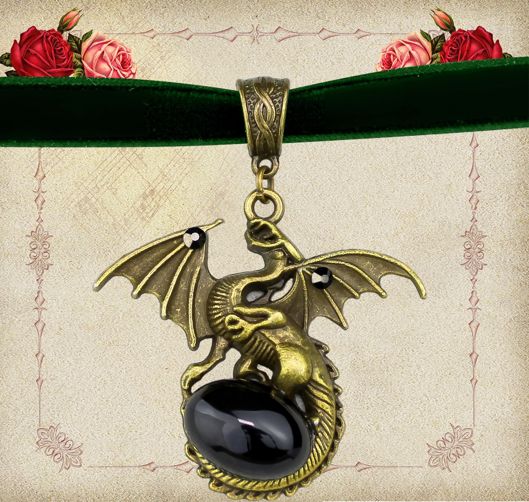Винтажный Чокер с Натуральным Обсидианом и Драконом