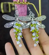 Винтажные серьги-стрекозки «Бохо-шик» с перидотом и опалитом