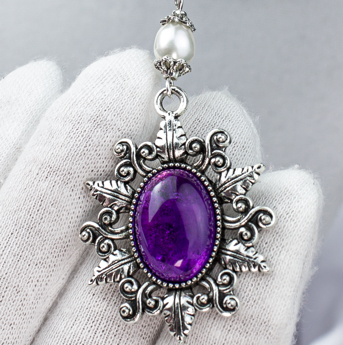 Комплект колье + серьги «Королевский Аметист» с натуральным аметистом и жемчугом.