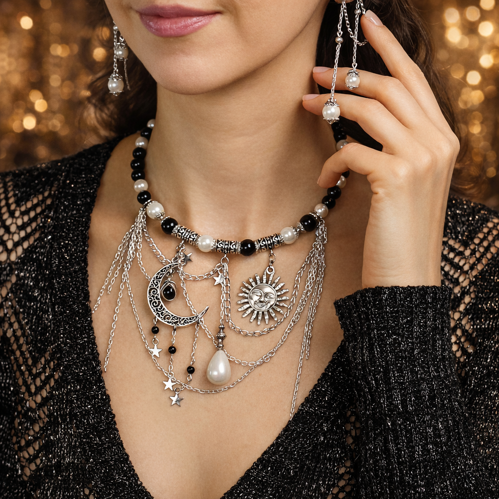 Колье с подвесками, цепочками, жемчугом и обсидианом