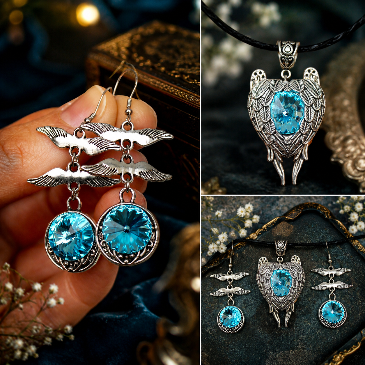 Винтажный Комплект Украшений (кулон+ серьги) со Swarovski «Крылья Небесной Свободы» 💙