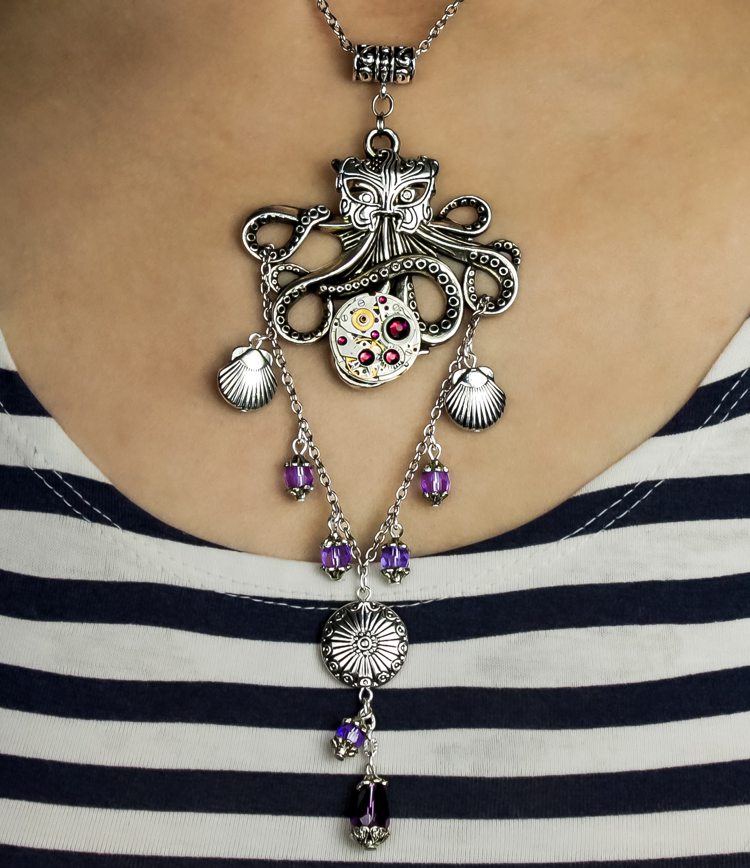 Стимпанк колье Осьминог с советским механизмом и кристаллами, винтаж,  - фото товара