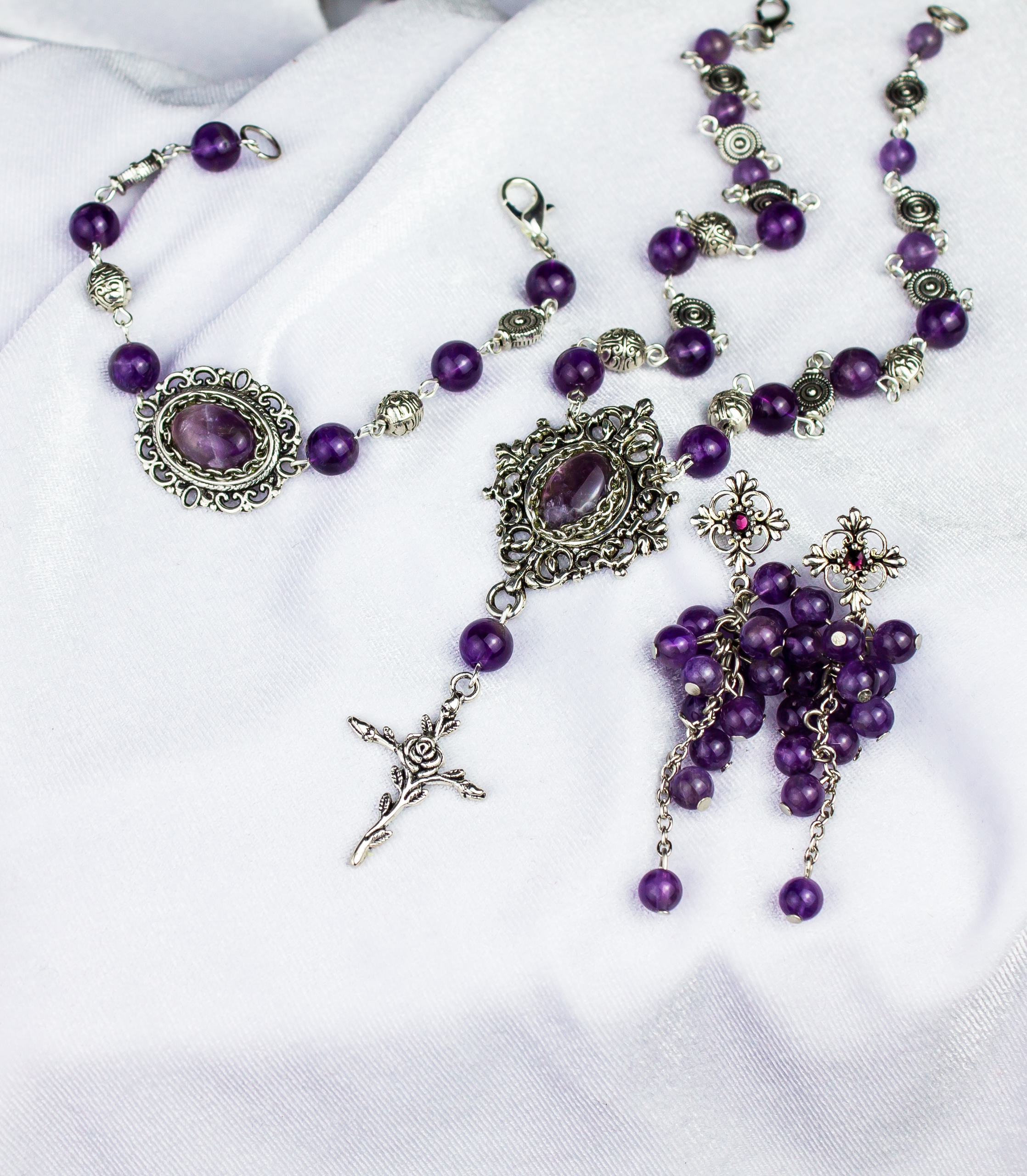 Изображение 3 товара Винтажный комплект украшений ручной работы с аметистом: браслет, серьги и колье