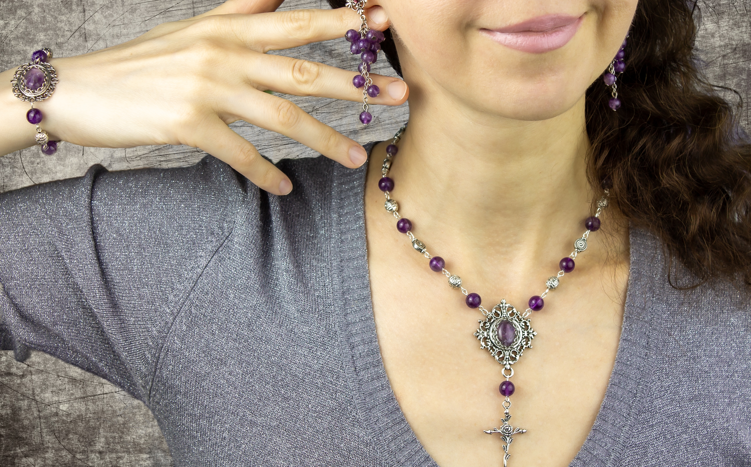 Изображение 4 товара Винтажный комплект украшений ручной работы с аметистом: браслет, серьги и колье