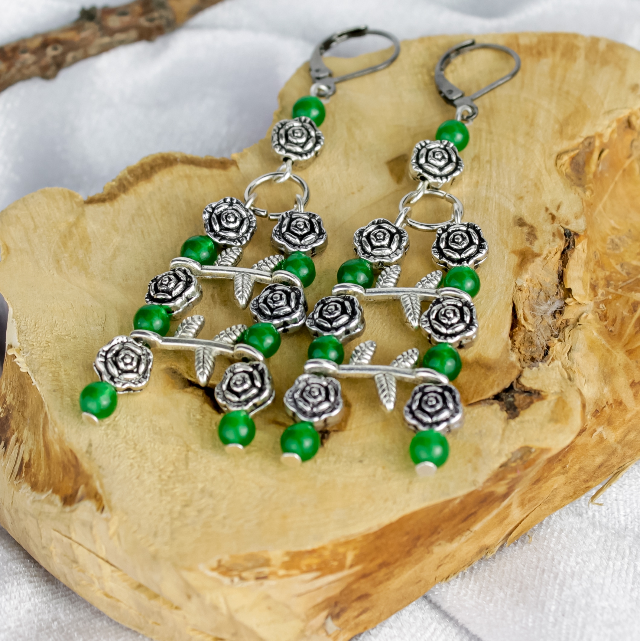 Комплект «Изумрудная нимфа»: браслет и серьги из жадеита, кошачьего гл - фото товара