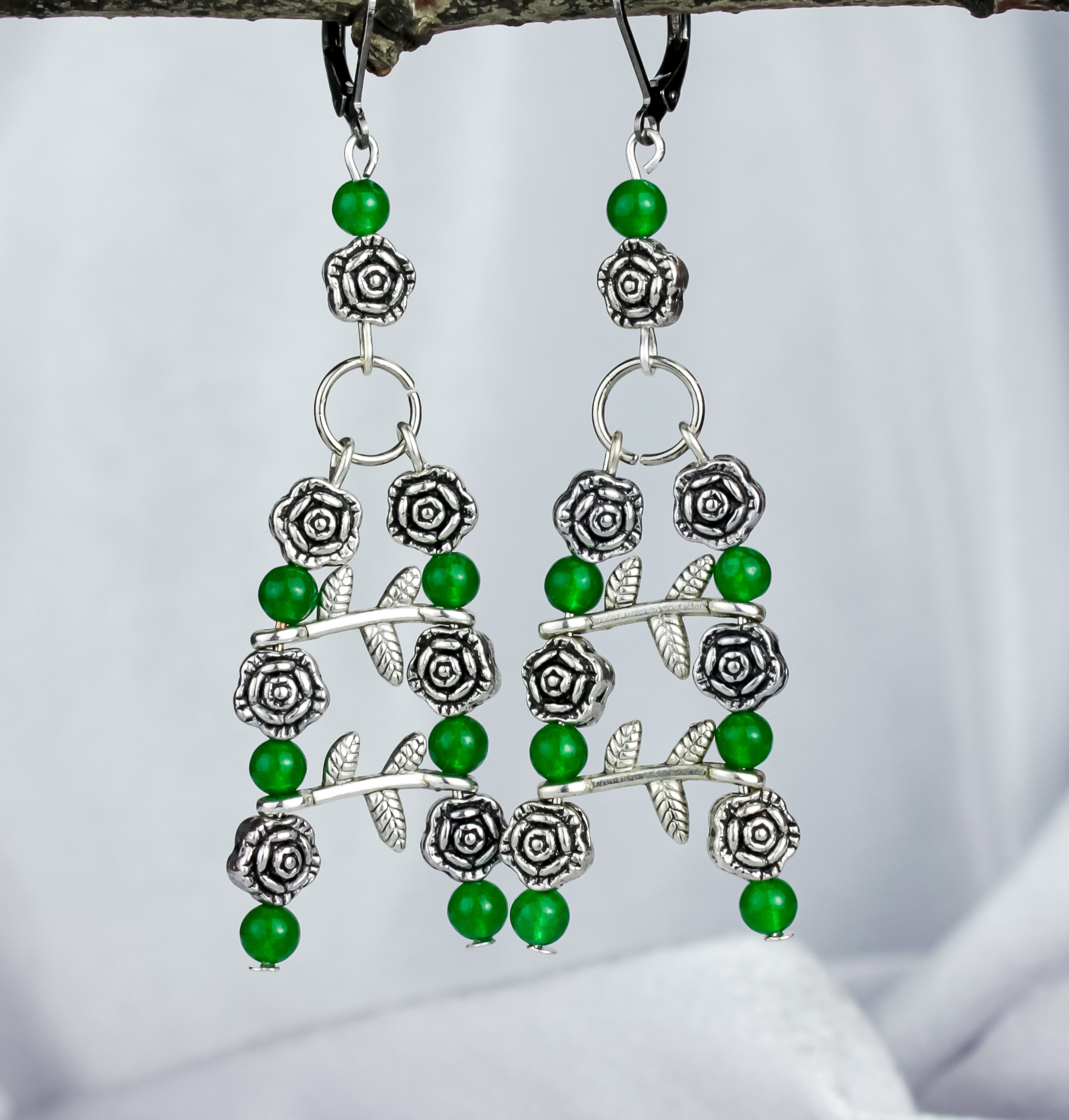 Комплект «Изумрудная нимфа»: браслет и серьги из жадеита, кошачьего гл - фото товара