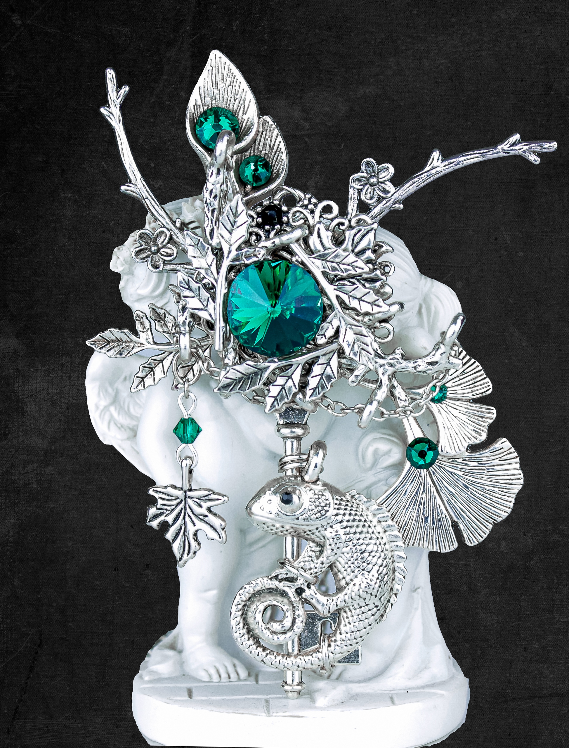 Дополнительное фото товара Винтажный Комплект Украшений "Изумрудный Лес" со Сваровски и Ящерицей