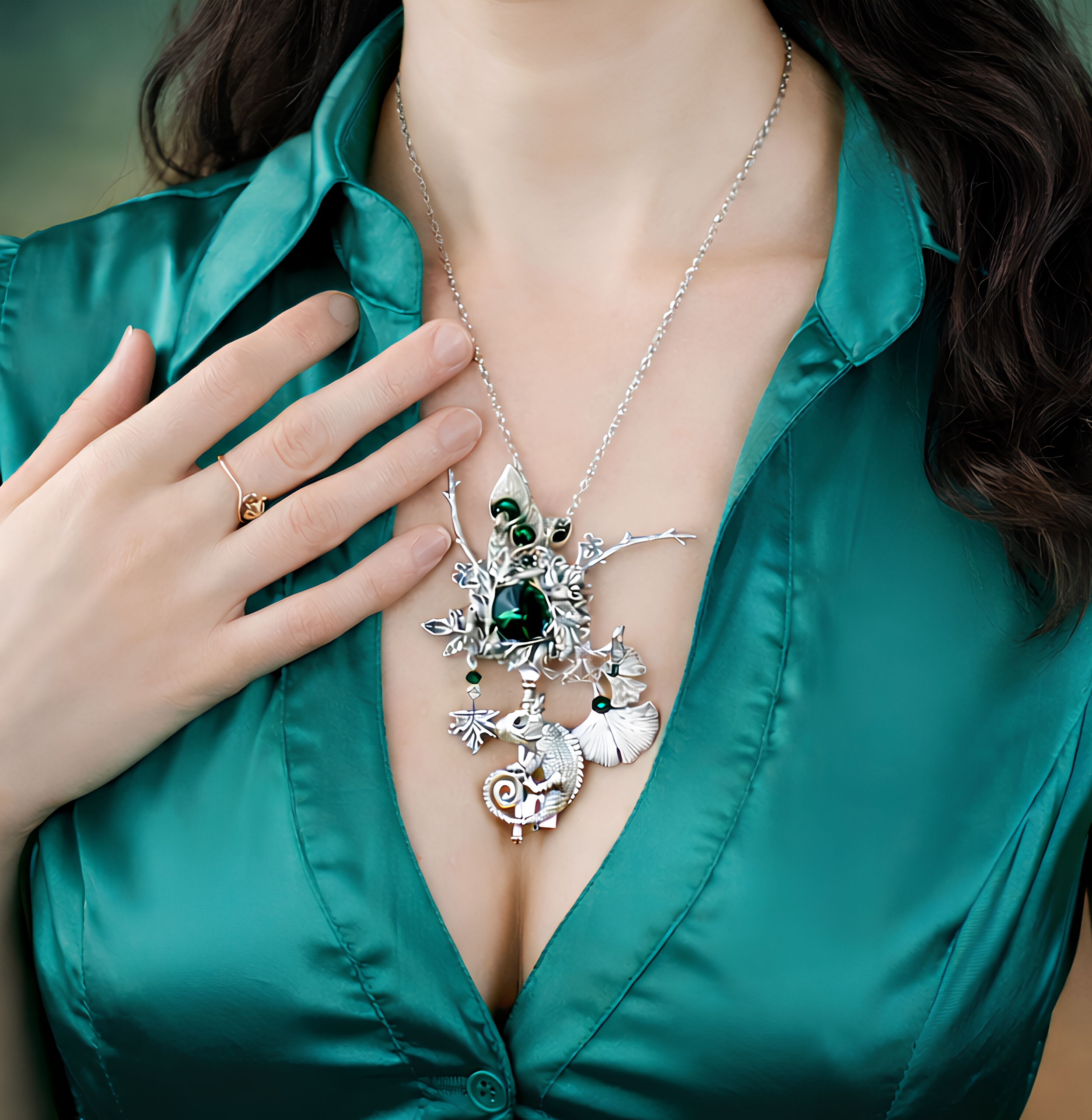 Изображение 2 товара Винтажный Комплект Украшений "Изумрудный Лес" со Сваровски и Ящерицей