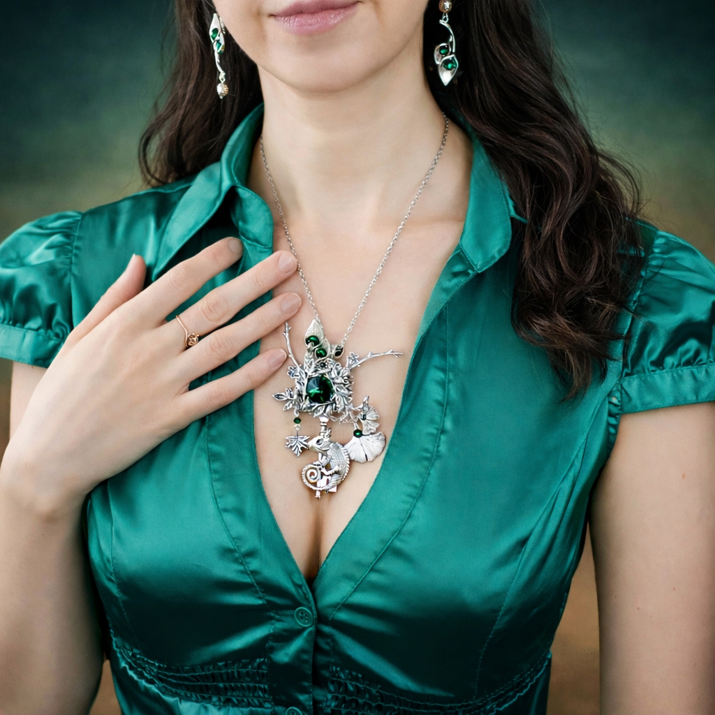 Изображение 4 товара Винтажный Комплект Украшений "Изумрудный Лес" со Сваровски и Ящерицей