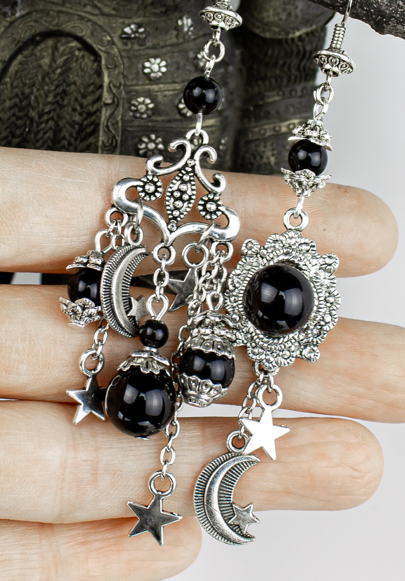 Изображение 2 товара Винтажные Асимметричные Серьги "Изобилие" с Натуральным Обсидианом