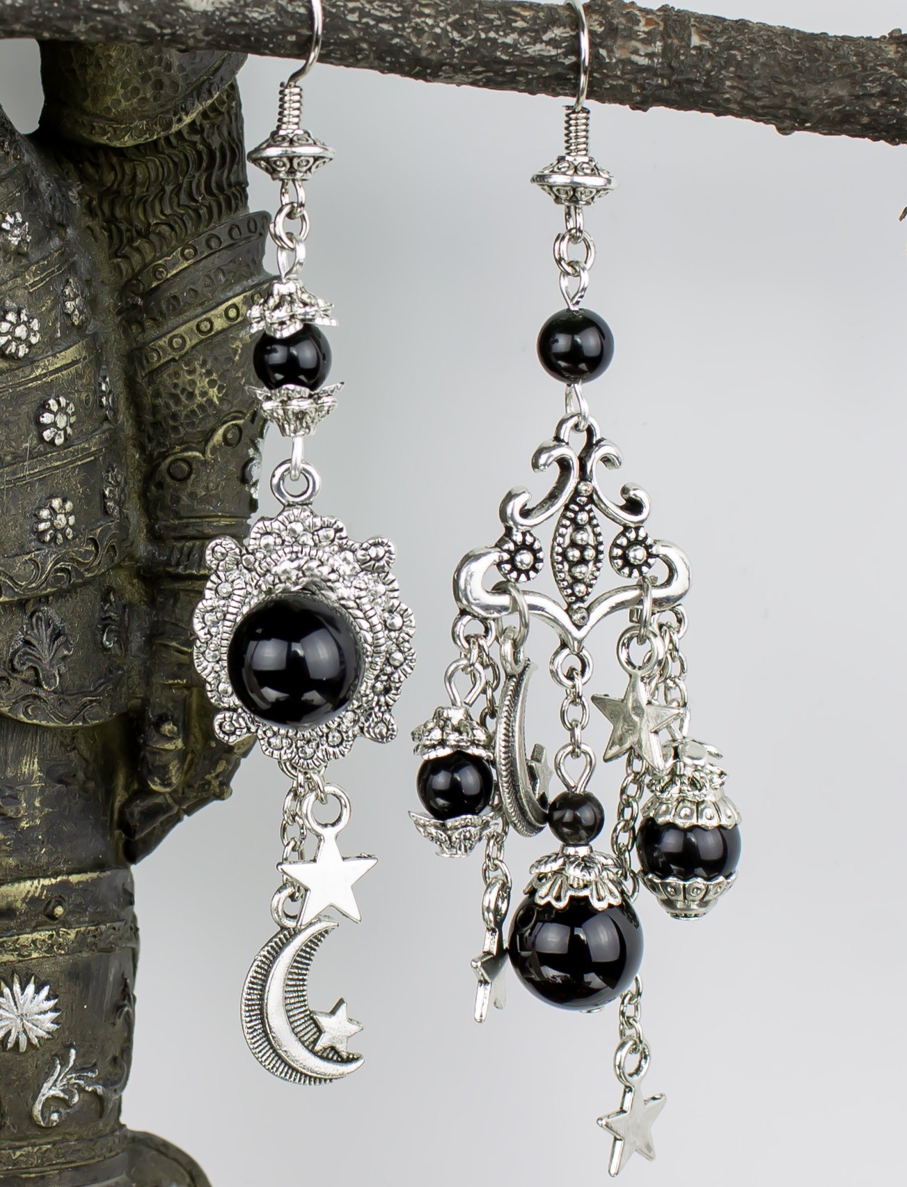 Изображение 3 товара Винтажные Асимметричные Серьги "Изобилие" с Натуральным Обсидианом