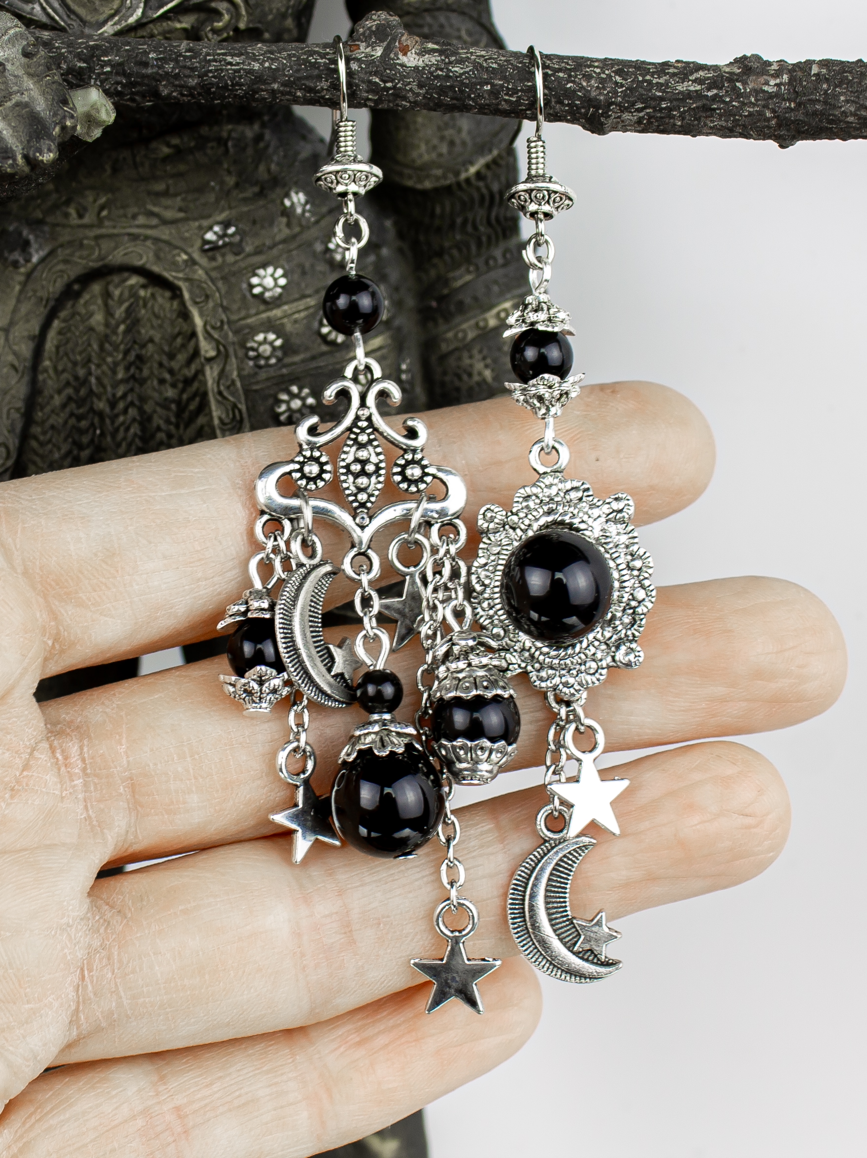 Изображение 4 товара Винтажные Асимметричные Серьги "Изобилие" с Натуральным Обсидианом