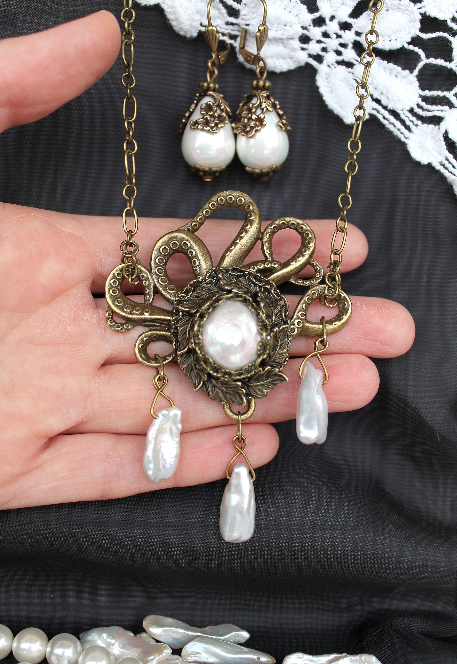 Дополнительное фото товара Роскошное  Винтажное Колье "Морская Богиня" с Натуральным Жемчугом