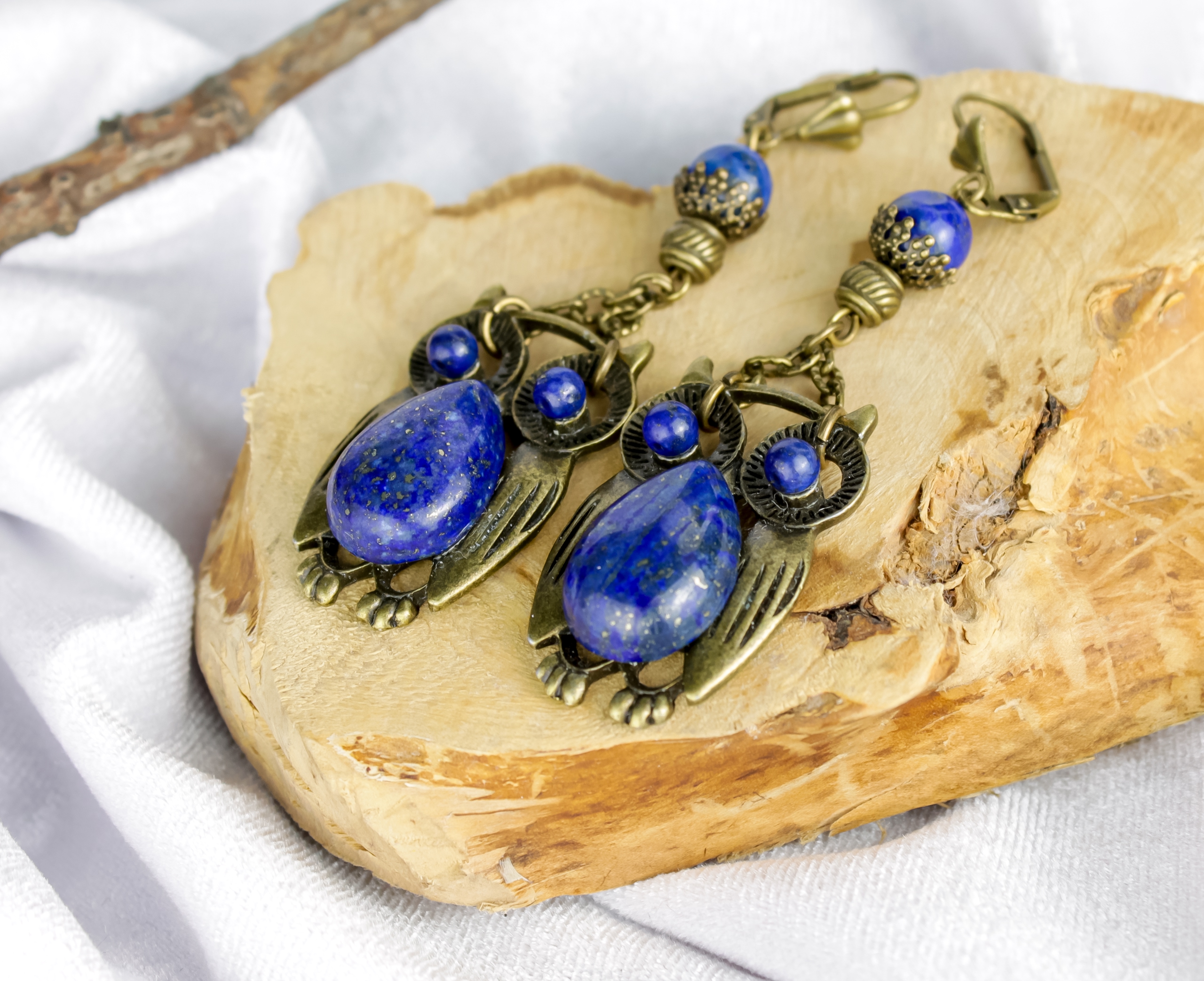 Изображение 2 товара Винтажные Серьги "Лесные Cовы" с Натуральным Лазуритом