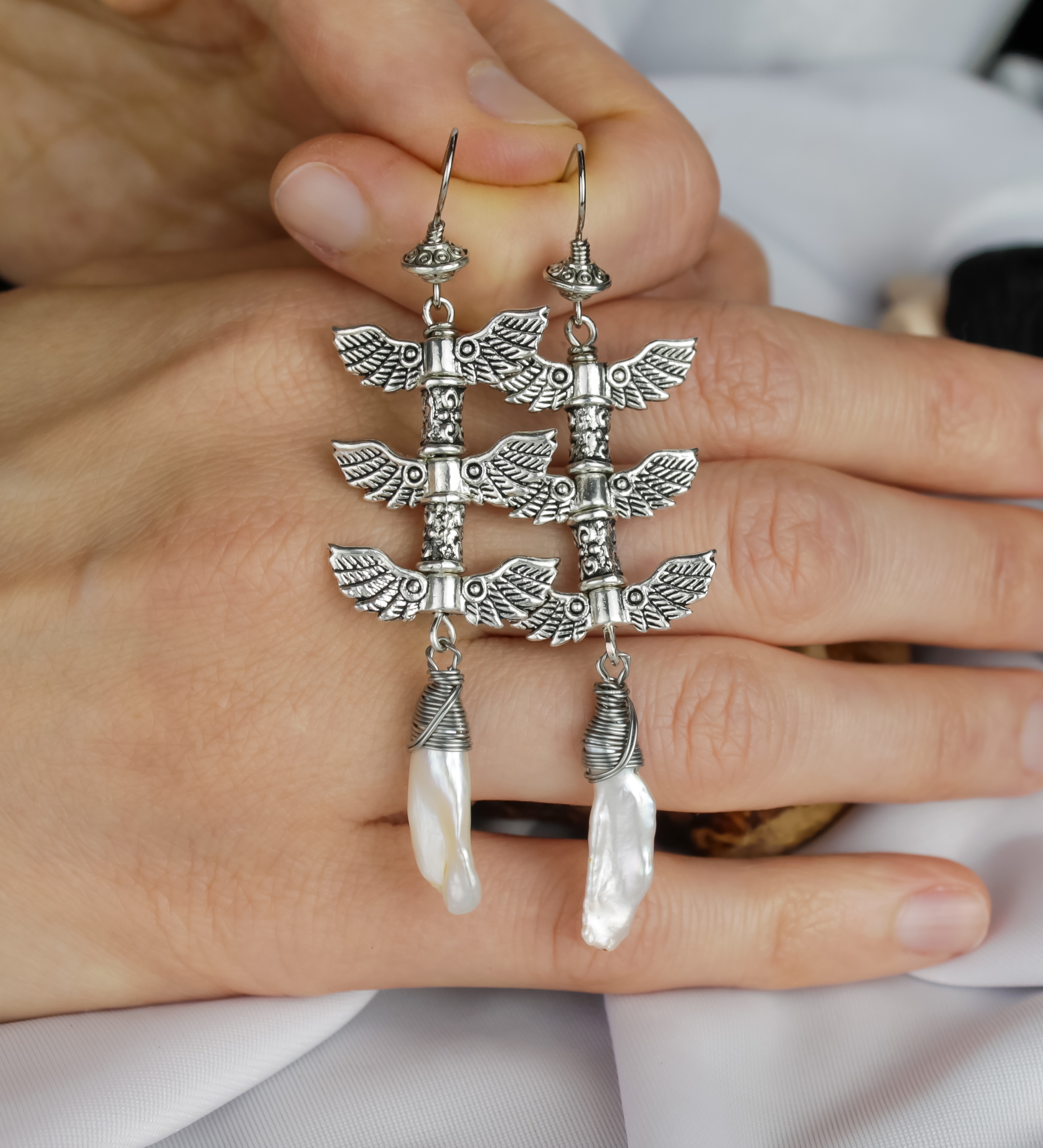 Изображение 2 товара Винтажные Элегантные Шестикрылые Серьги с Жемчугом