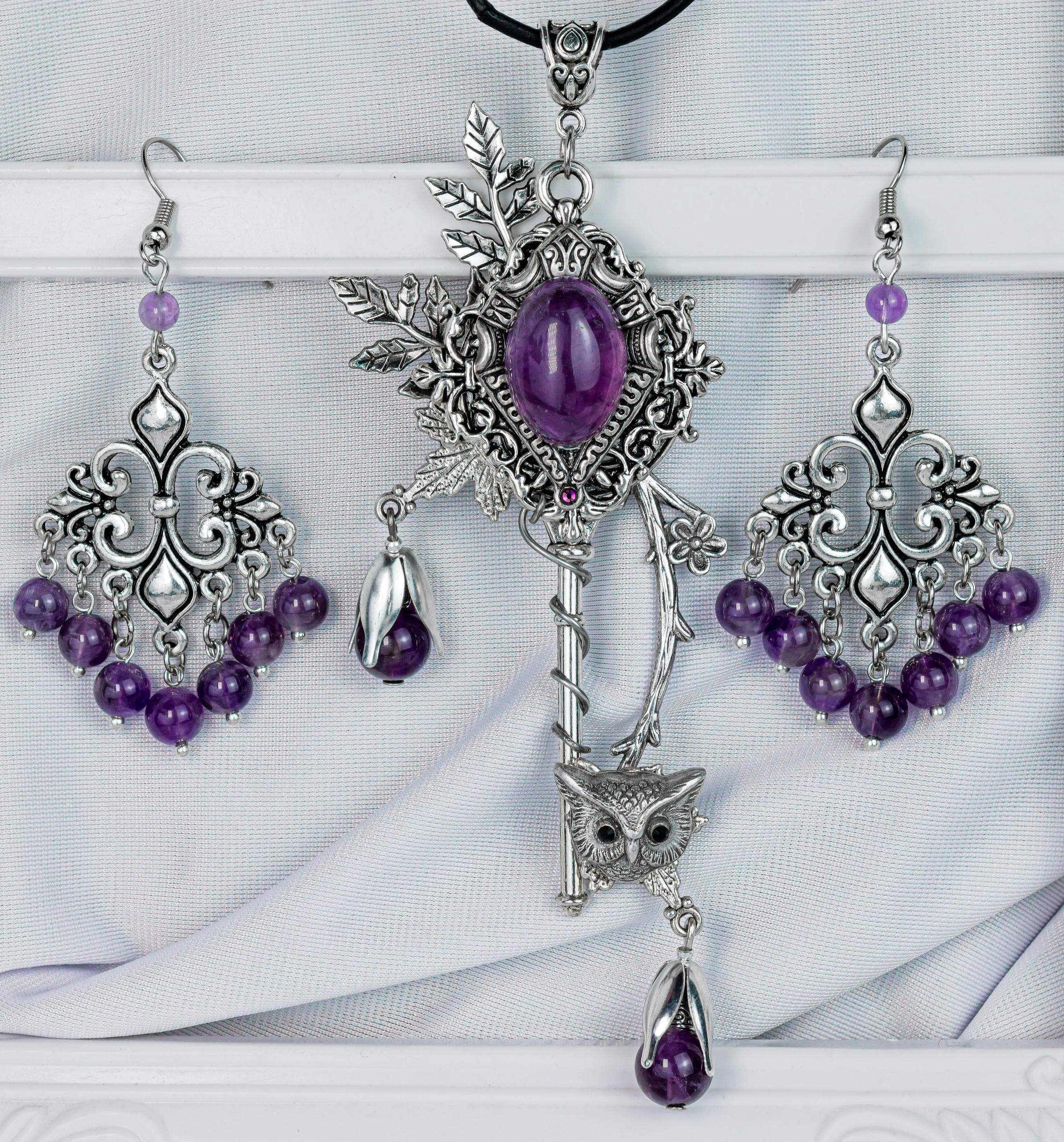 Изображение 2 товара Комплект Украшений с Натуральным Аметистом и Совой "Лес Мудрой Совы"