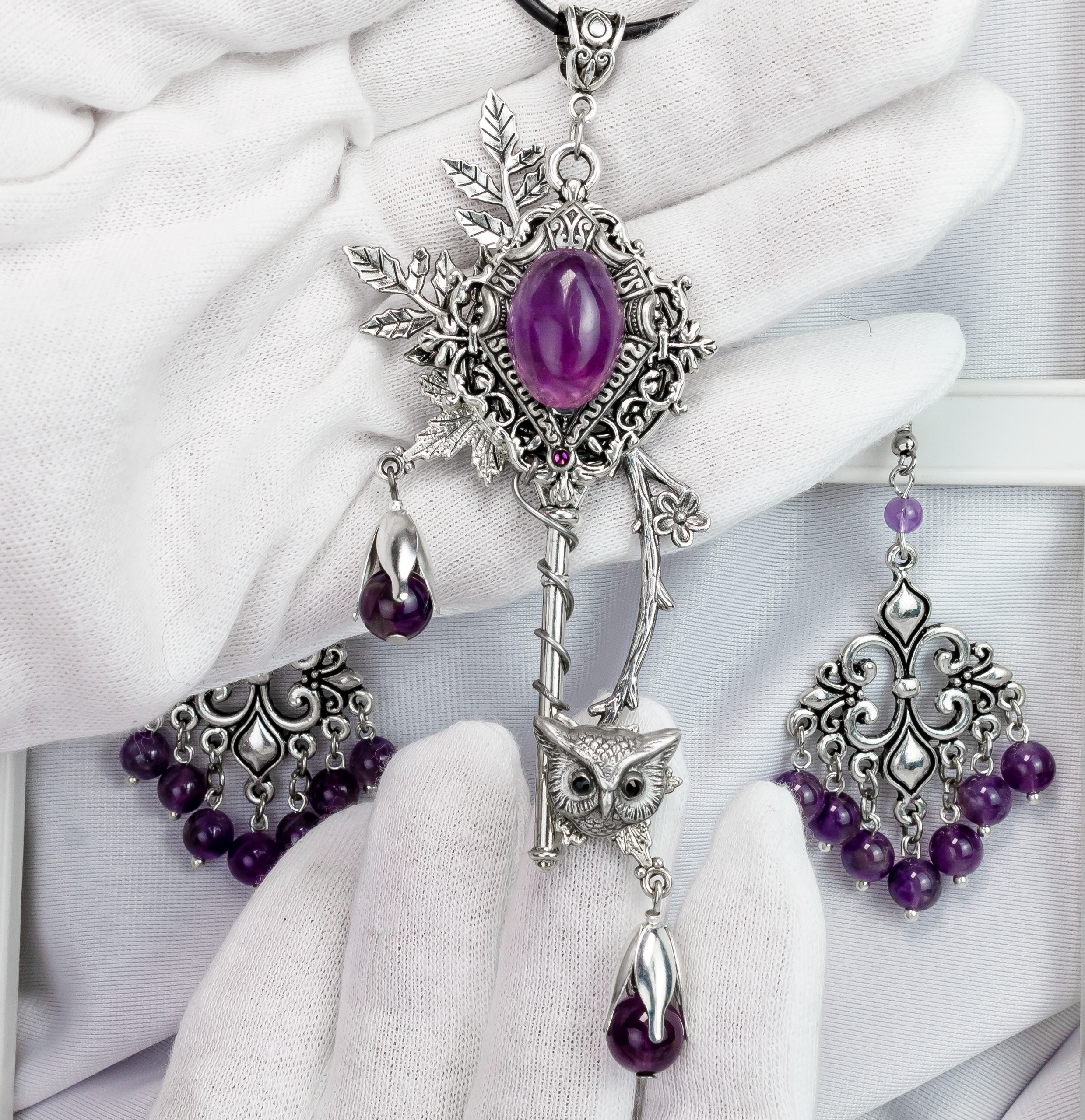 Изображение 2 товара Кулон-ключик с Натуральным Аметистом и Совой "Лес Мудрой Совы"