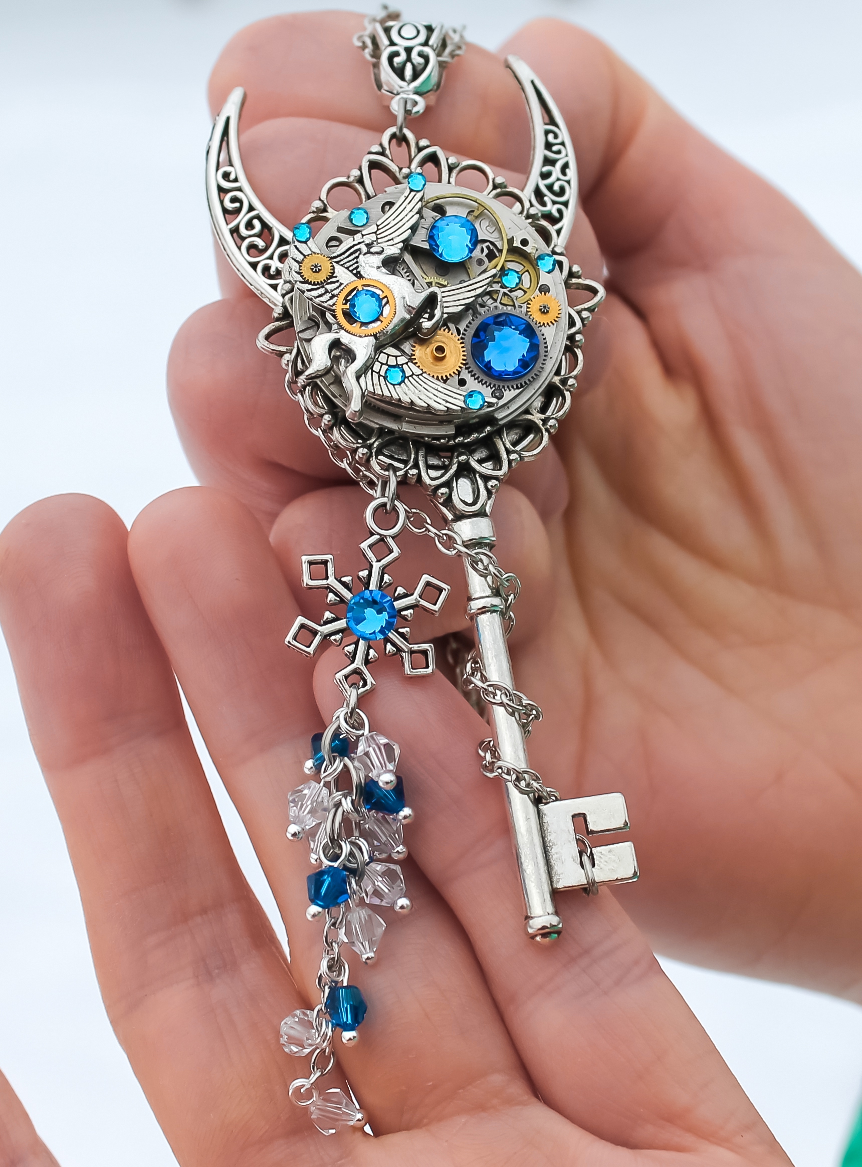Стимпанк Кулон-Ключ "Новогоднее Чудо" со Сваровски и Винтажным Часовым - фото товара