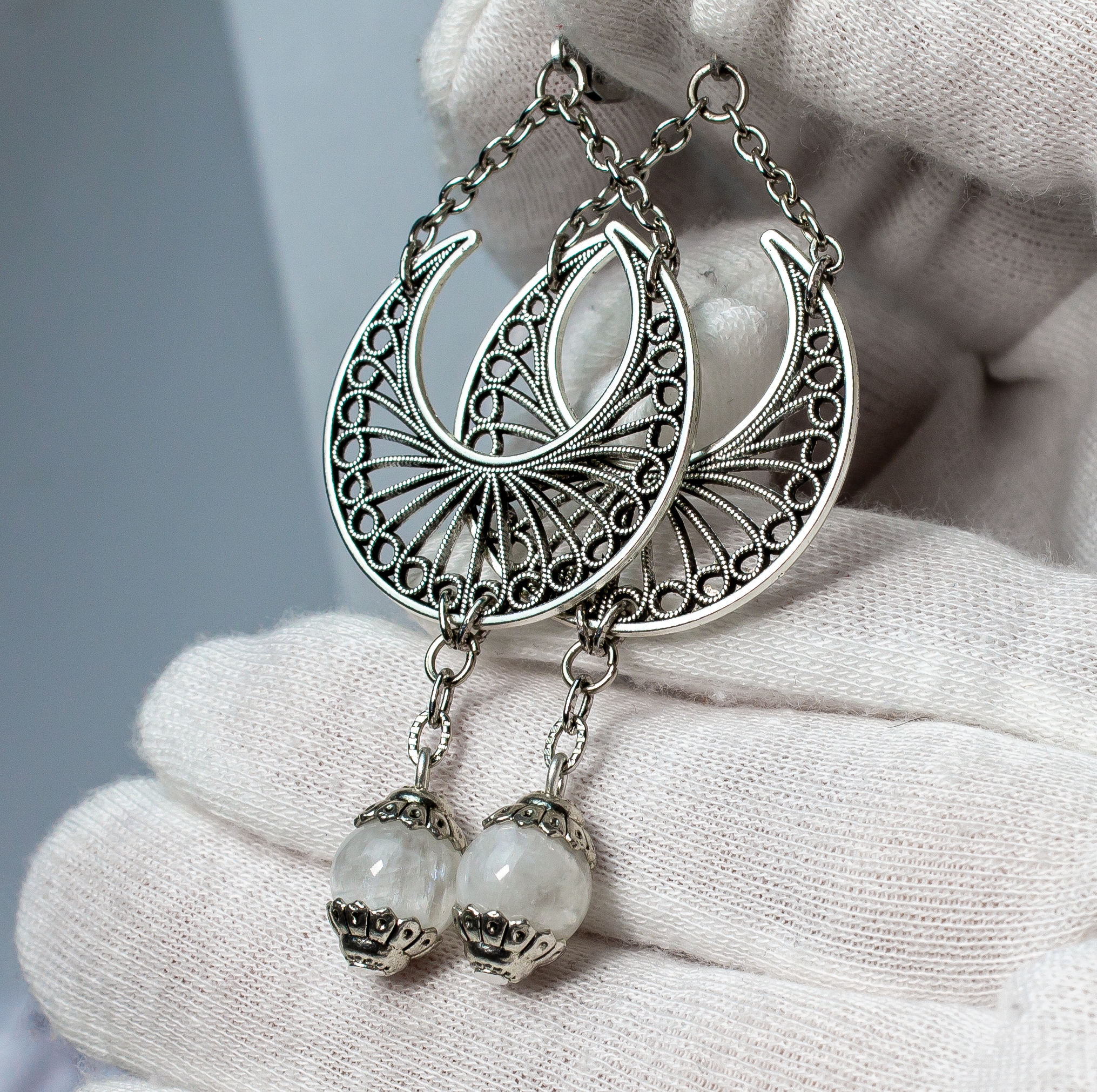 Изображение 3 товара Комплект Колье+ Серьги "Луна" с Натуральным Редким Лунным Камнем