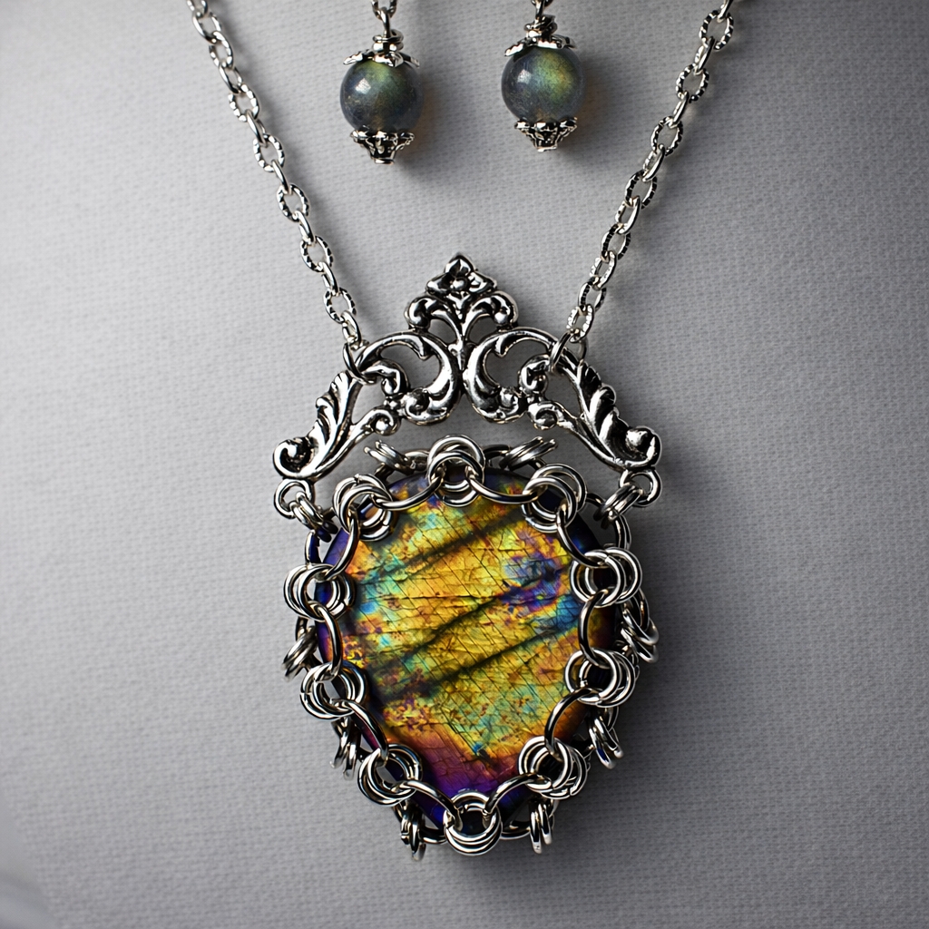 Изображение 2 товара Комплект Украшений: Кулон и Серьги с Редким Лабрадором «Сокровище»