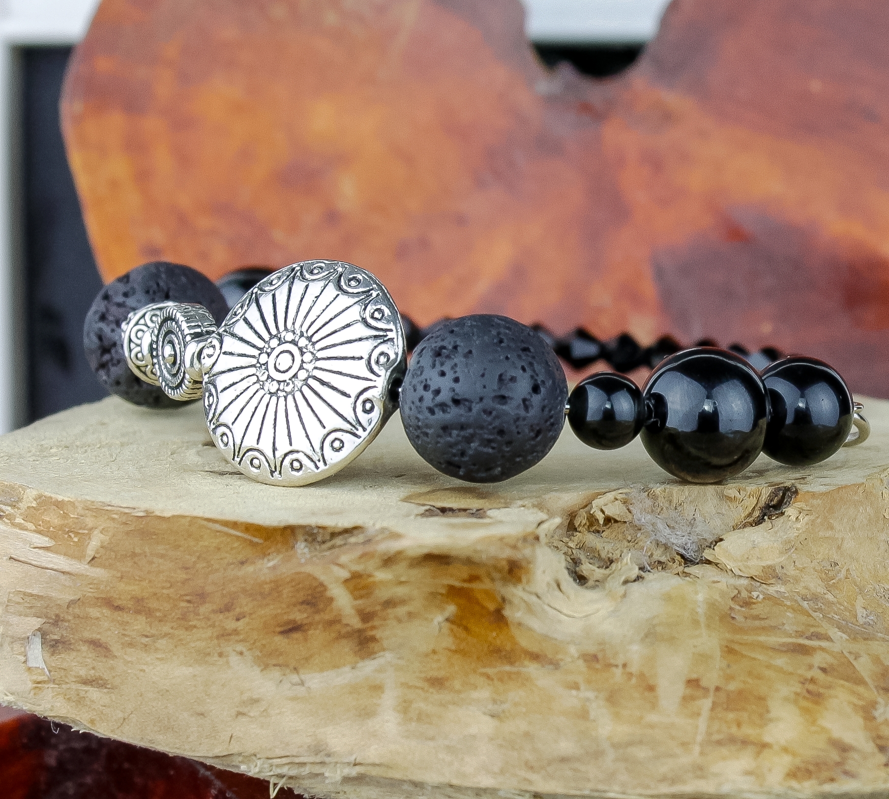 Дополнительное фото товара Стильный Браслет с Обсидианом и Лавой  "Оберег на Удачу"