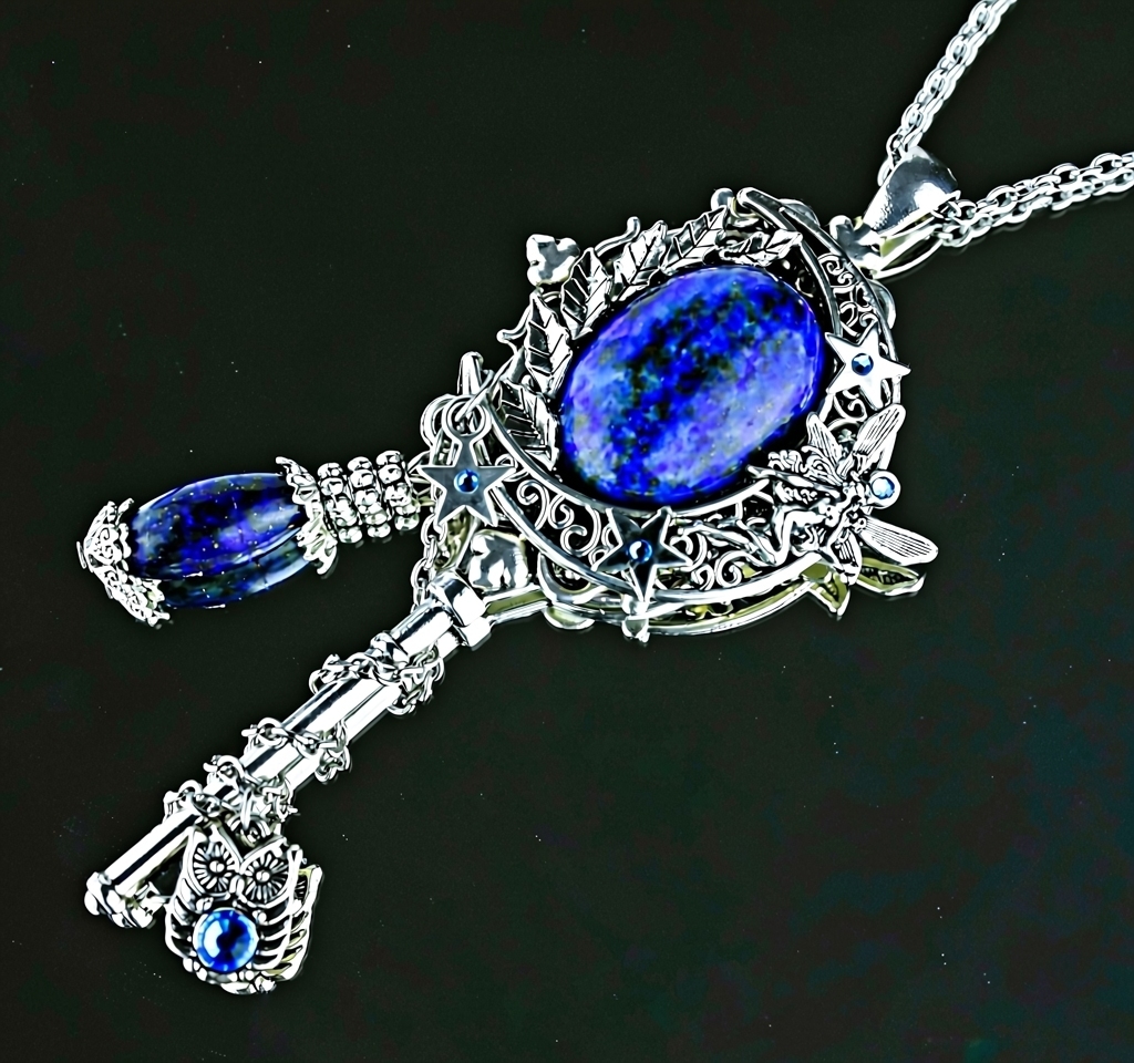 Дополнительное фото товара Красивый Кулон - Ключик с Натуральным Лазуритом, Совой и Феей