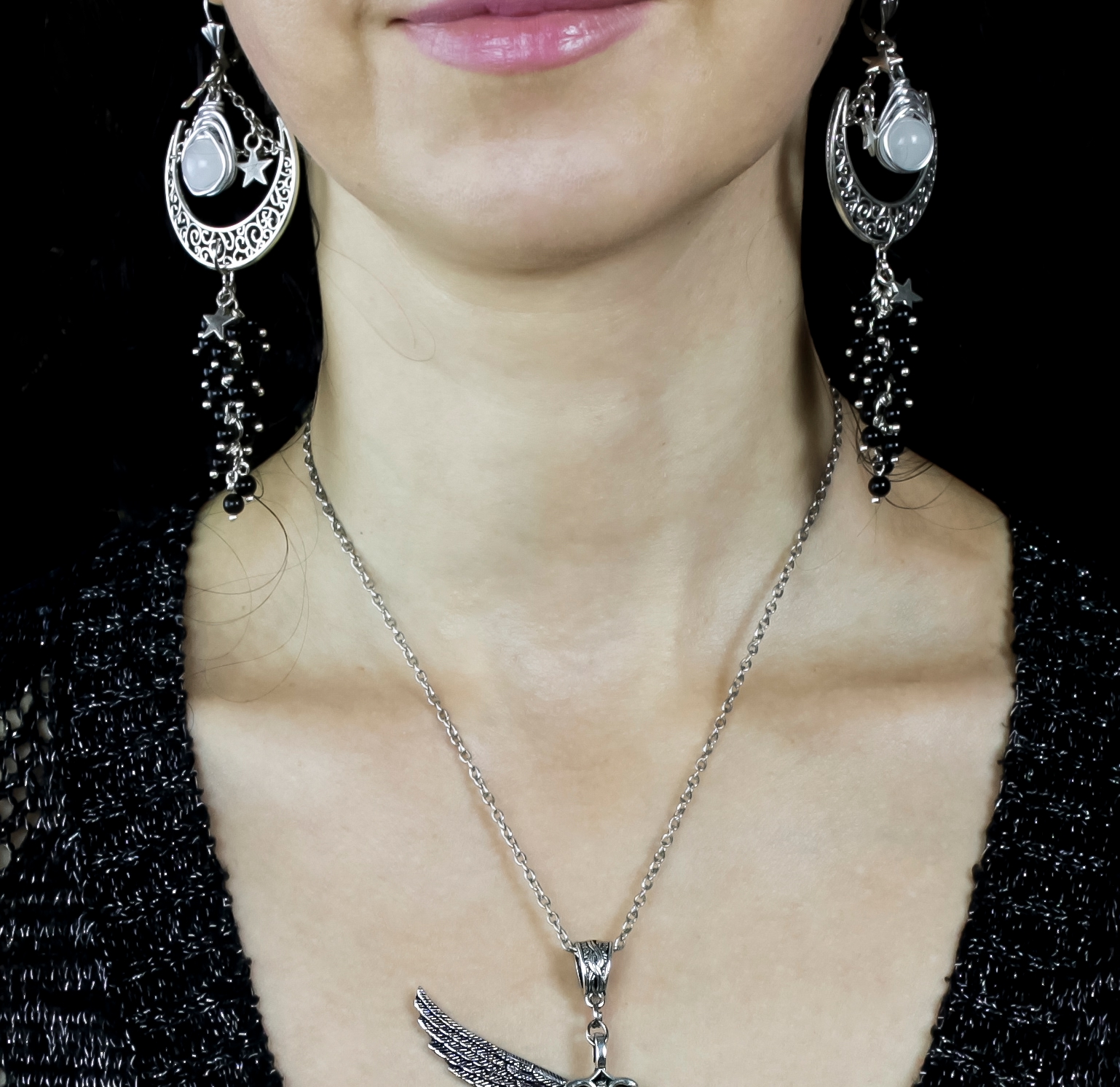 Роскошные Серьги "Императрица" с Натуральными Камнями - Лунным Камнем  - фото товара