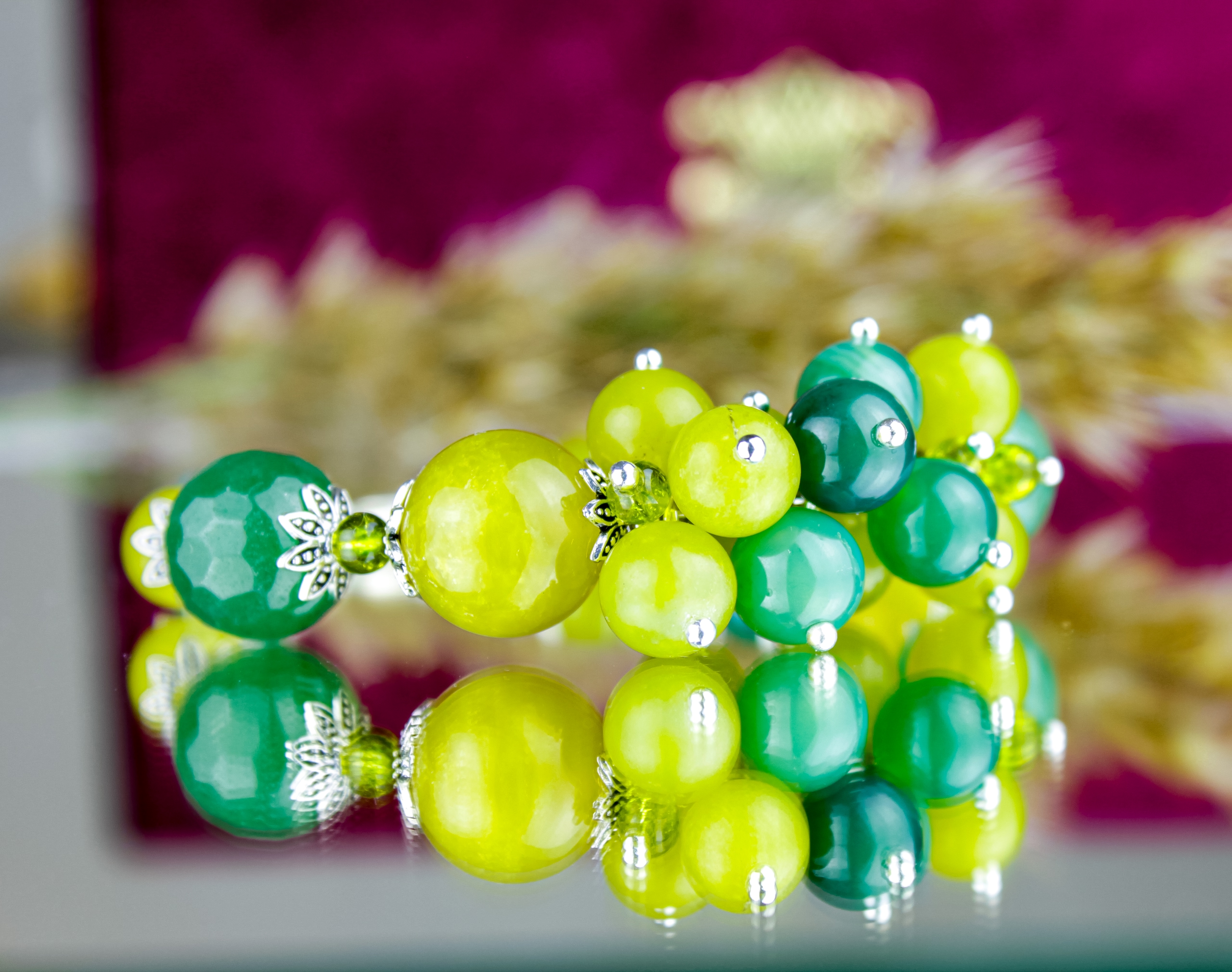 Красивый Комплект Украшений с Нефритом, Авантюрином и Перидотом (Оливи - фото товара