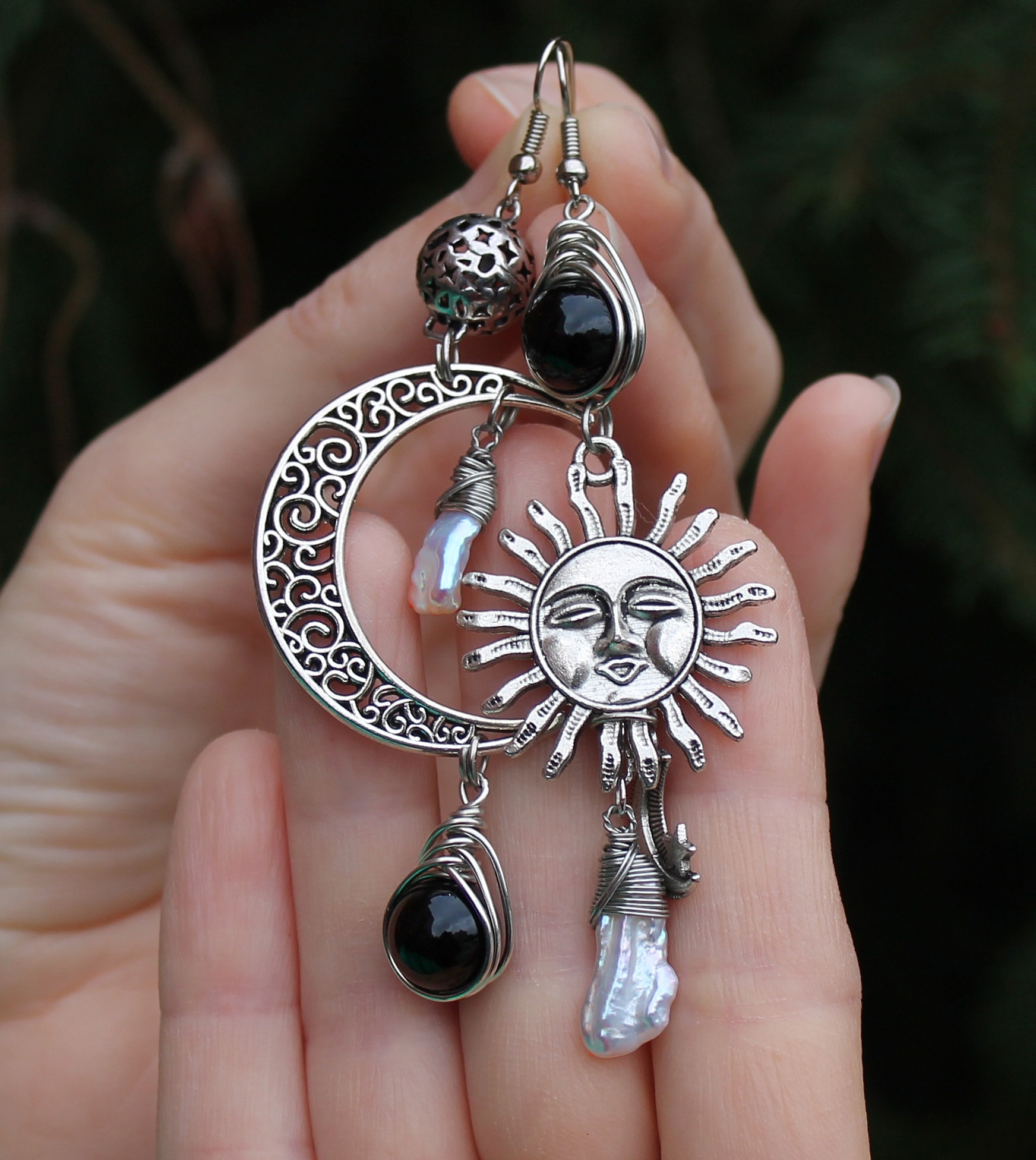 Винтажный Комплект Украшений с Натуральными Камнями - Жемчугом, Обсиди - фото товара