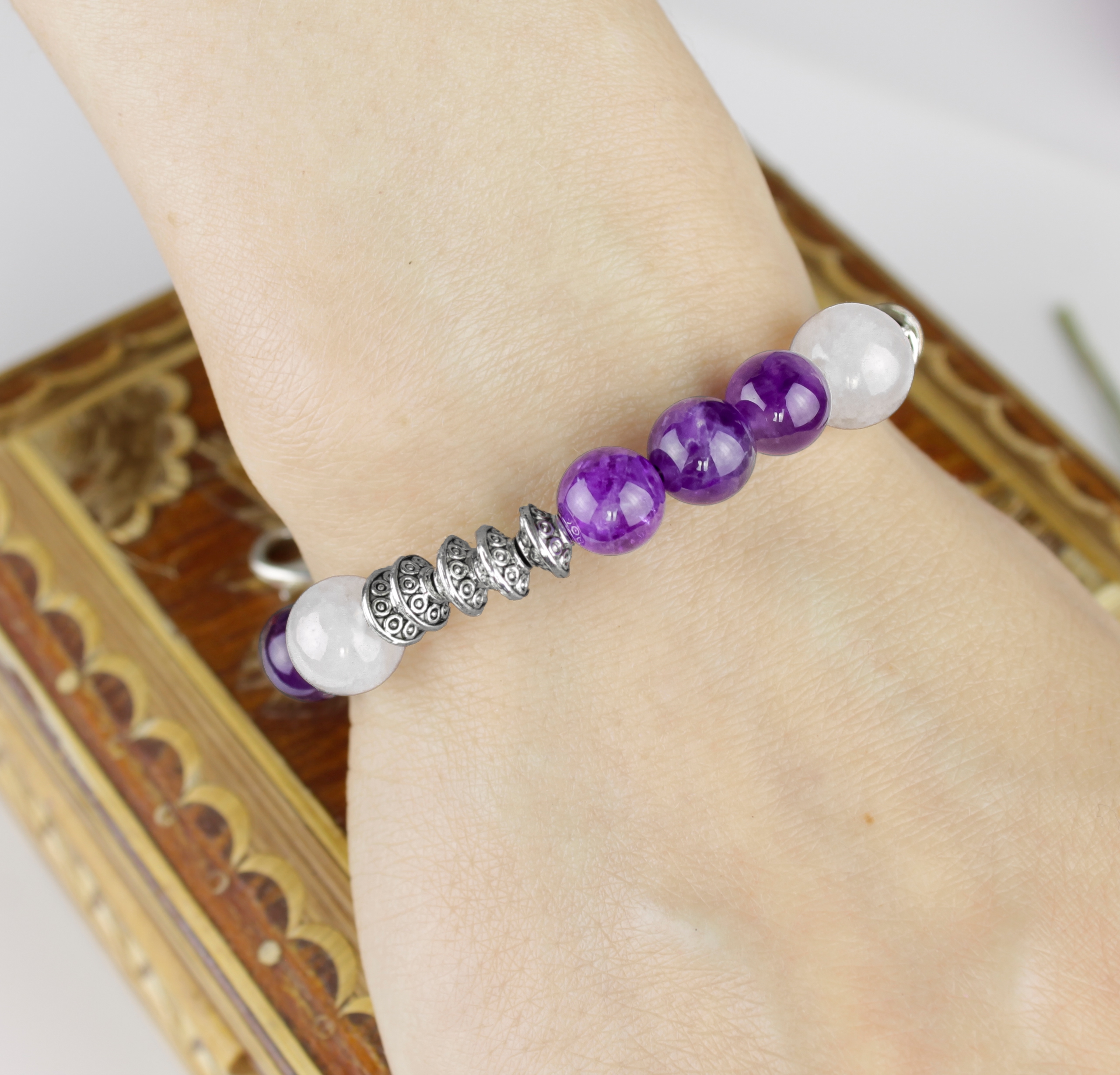 Браслет "Лунная Медитация" с Натуральными Камнями - Аметистом и Лунным - фото товара
