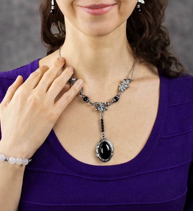 Дополнительное фото товара Винтажный Комплект Украшений (Колье+Серьги) с Натуральным Обсидианом