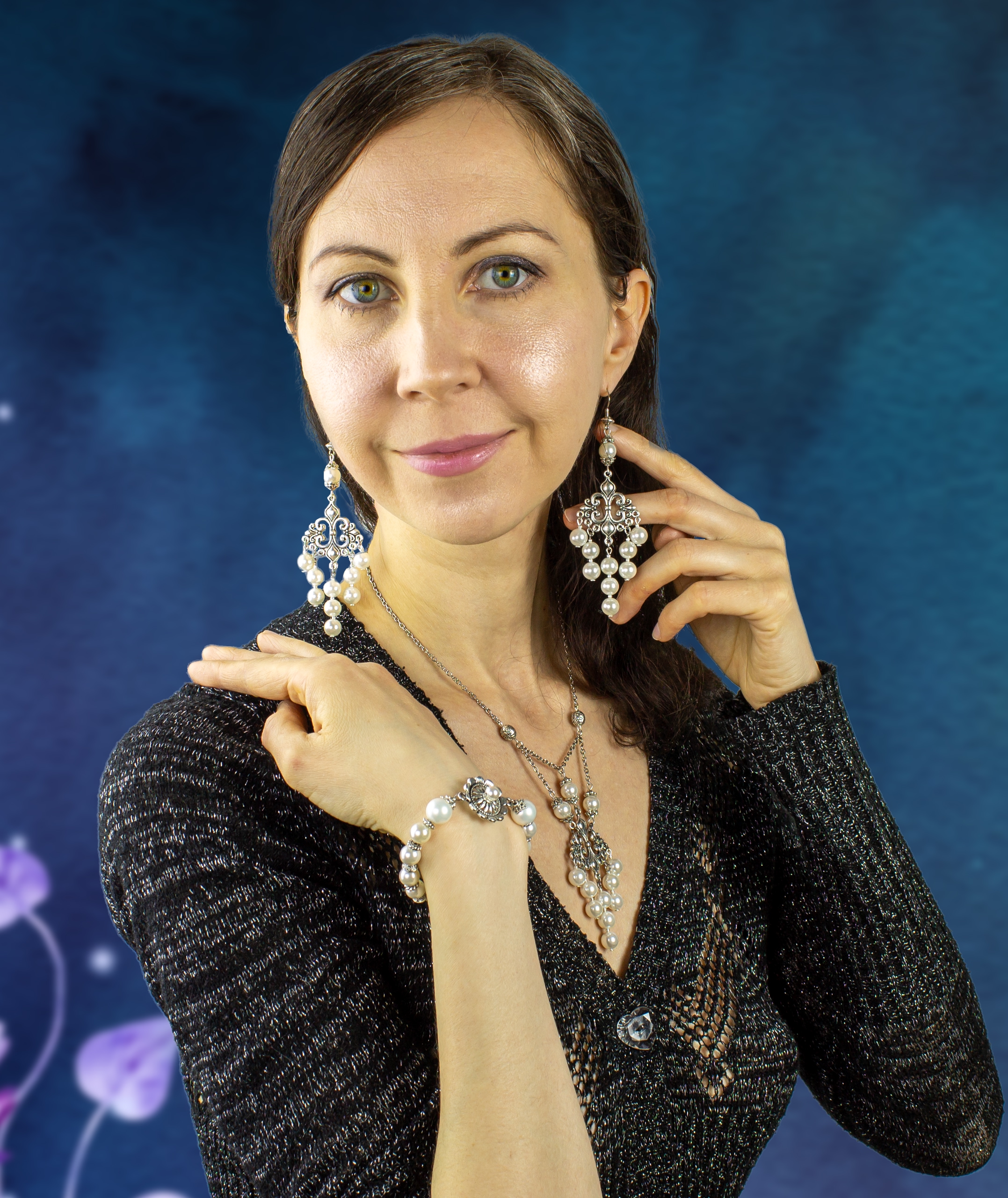 Изображение 2 товара Винтажный Комплект Украшений (Серьги+Браслет+Колье) с Натуральным Жемчугом