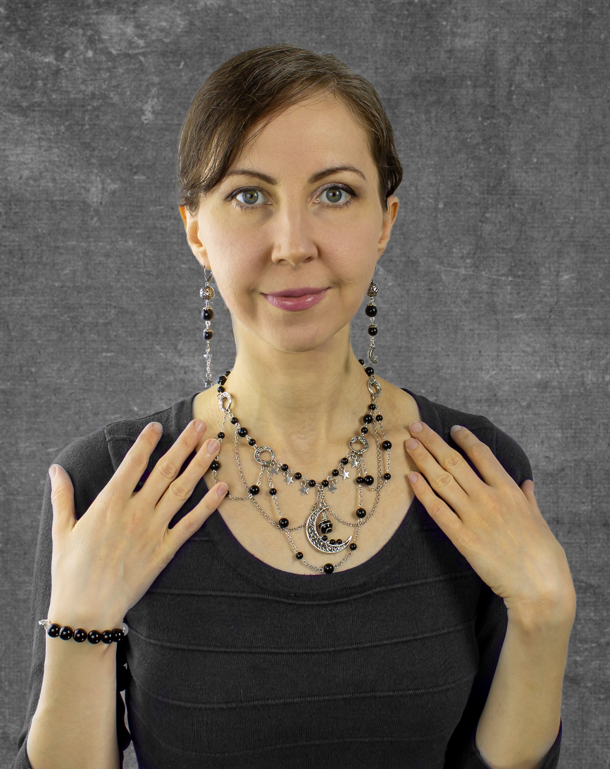 Дополнительное фото товара Винтажные Длинные Асимметричные Серьги "Космос" с Натуральным Обсидианом