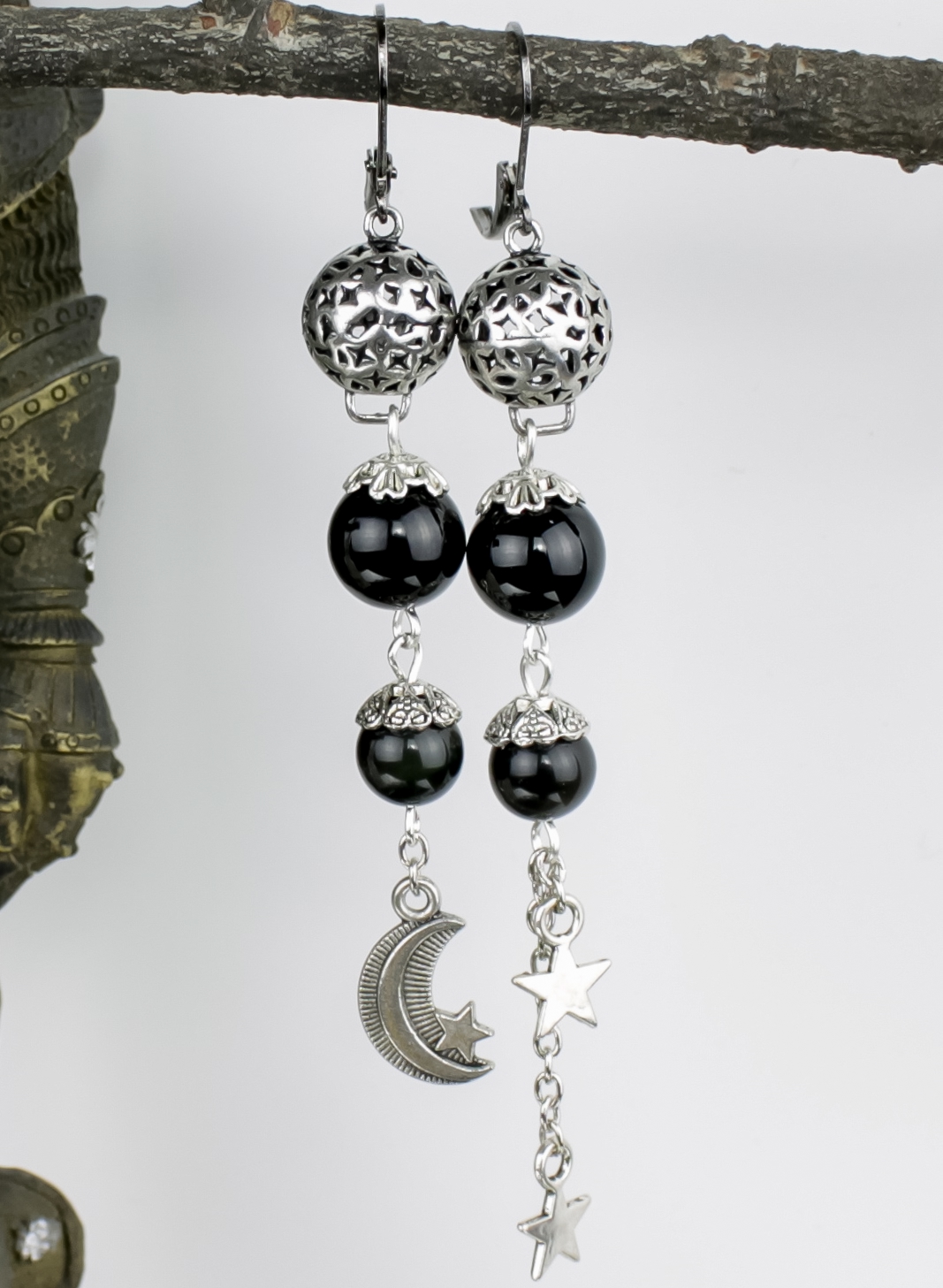 Изображение 4 товара Винтажные Длинные Асимметричные Серьги "Космос" с Натуральным Обсидианом