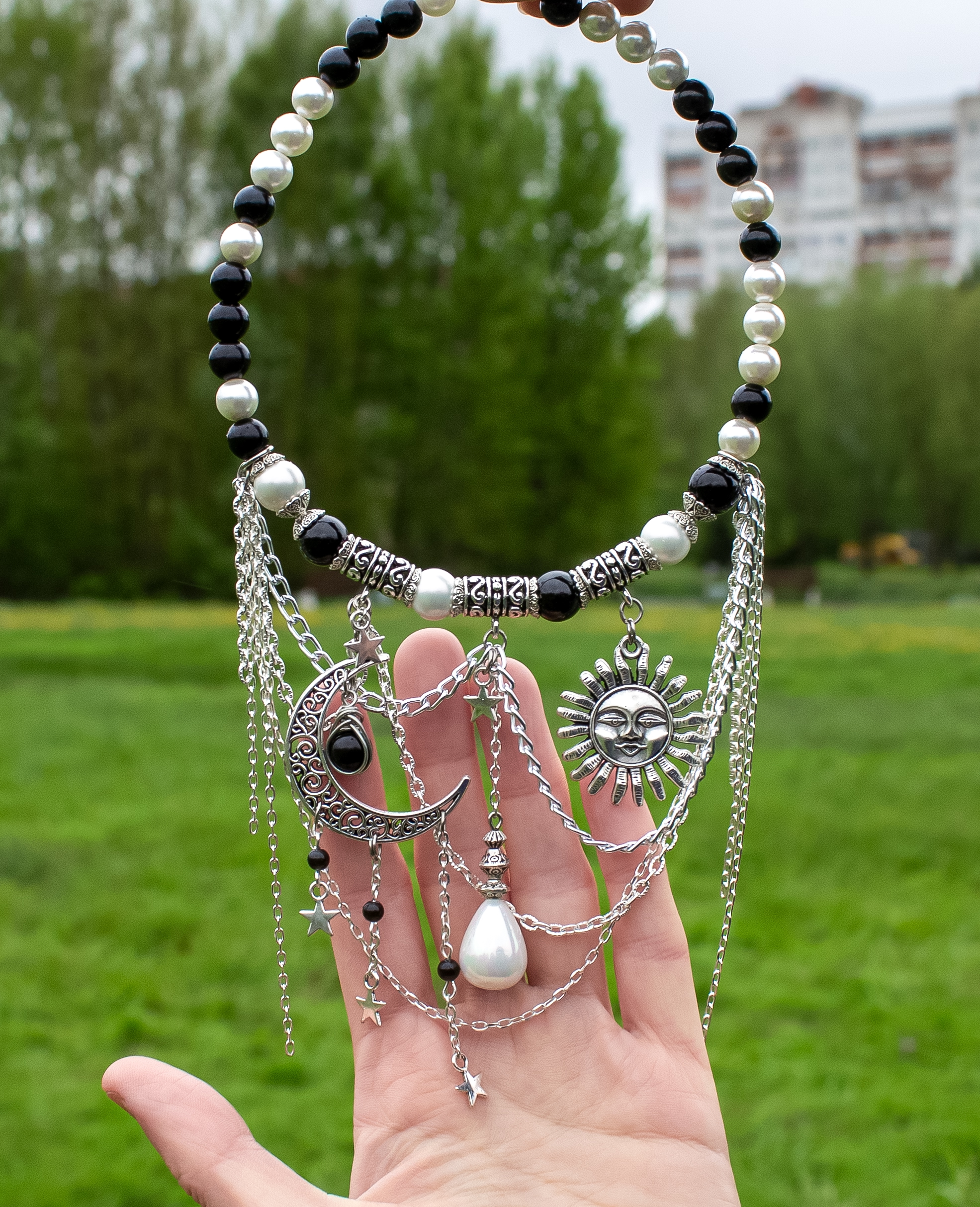 Изображение 3 товара Колье с подвесками, цепочками, Жемчугом и Обсидианом