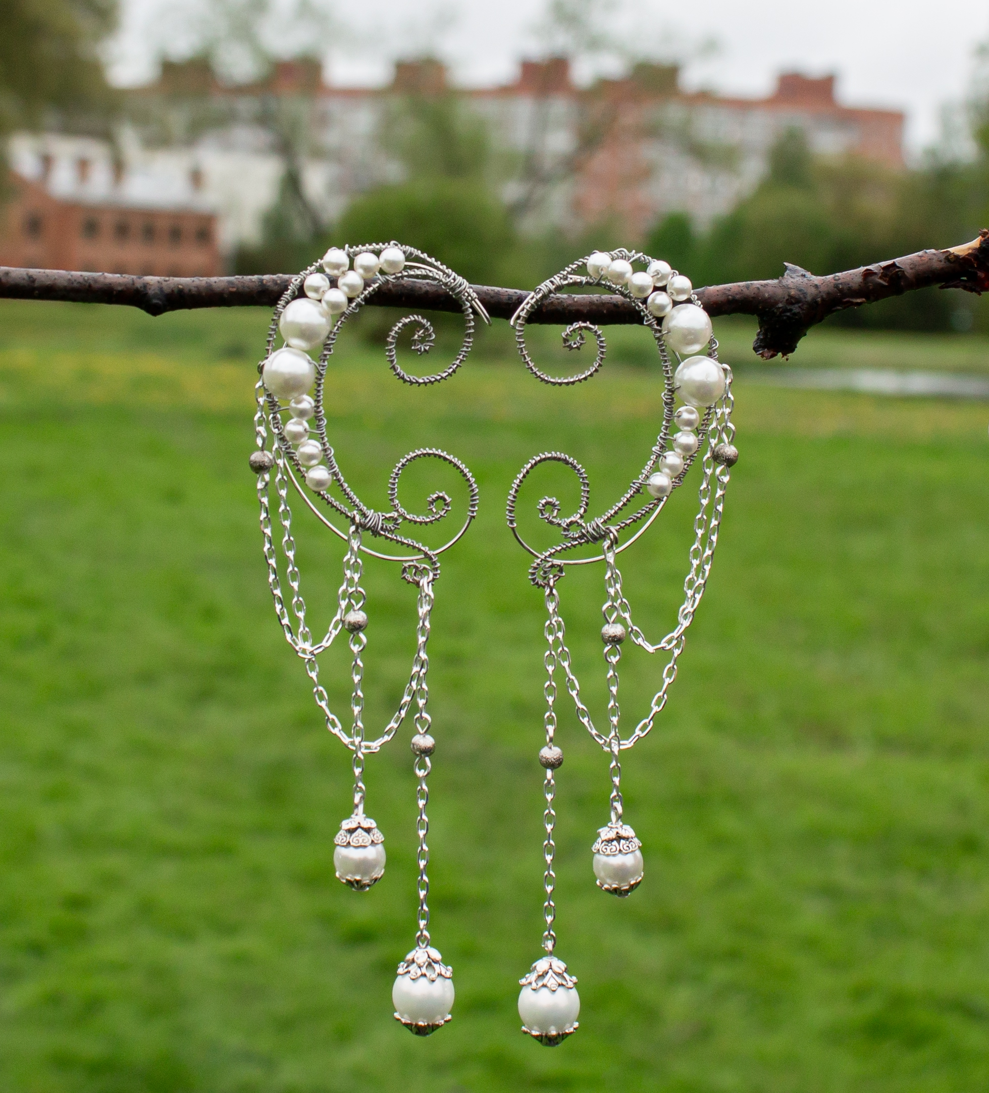 Эльфийские Серебристые Каффы с Жемчугом и цепочками — серьги-манжеты р - фото товара