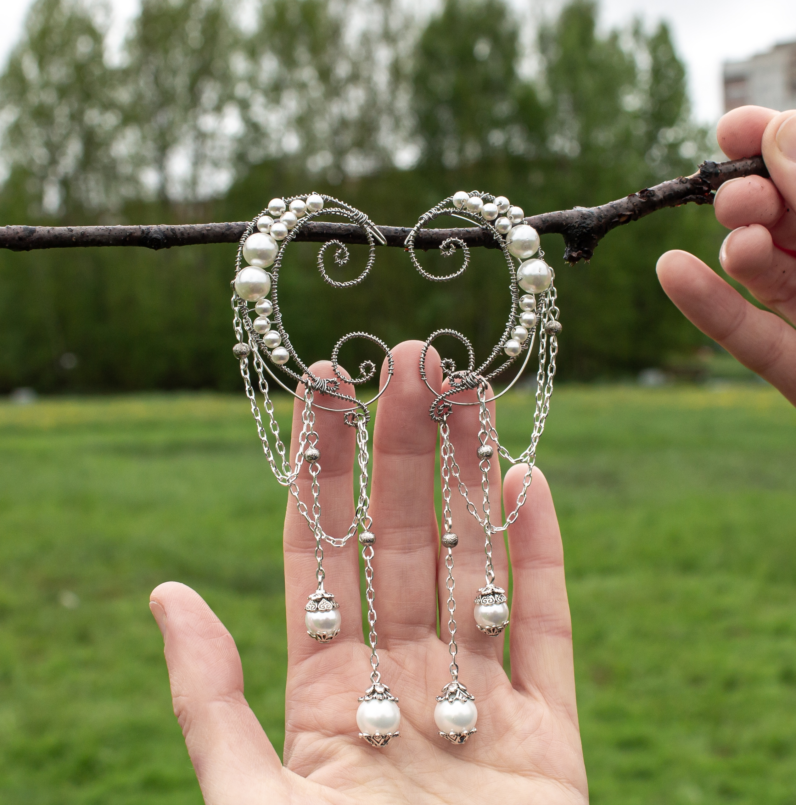 Эльфийские Серебристые Каффы с Жемчугом и цепочками — серьги-манжеты р - фото товара