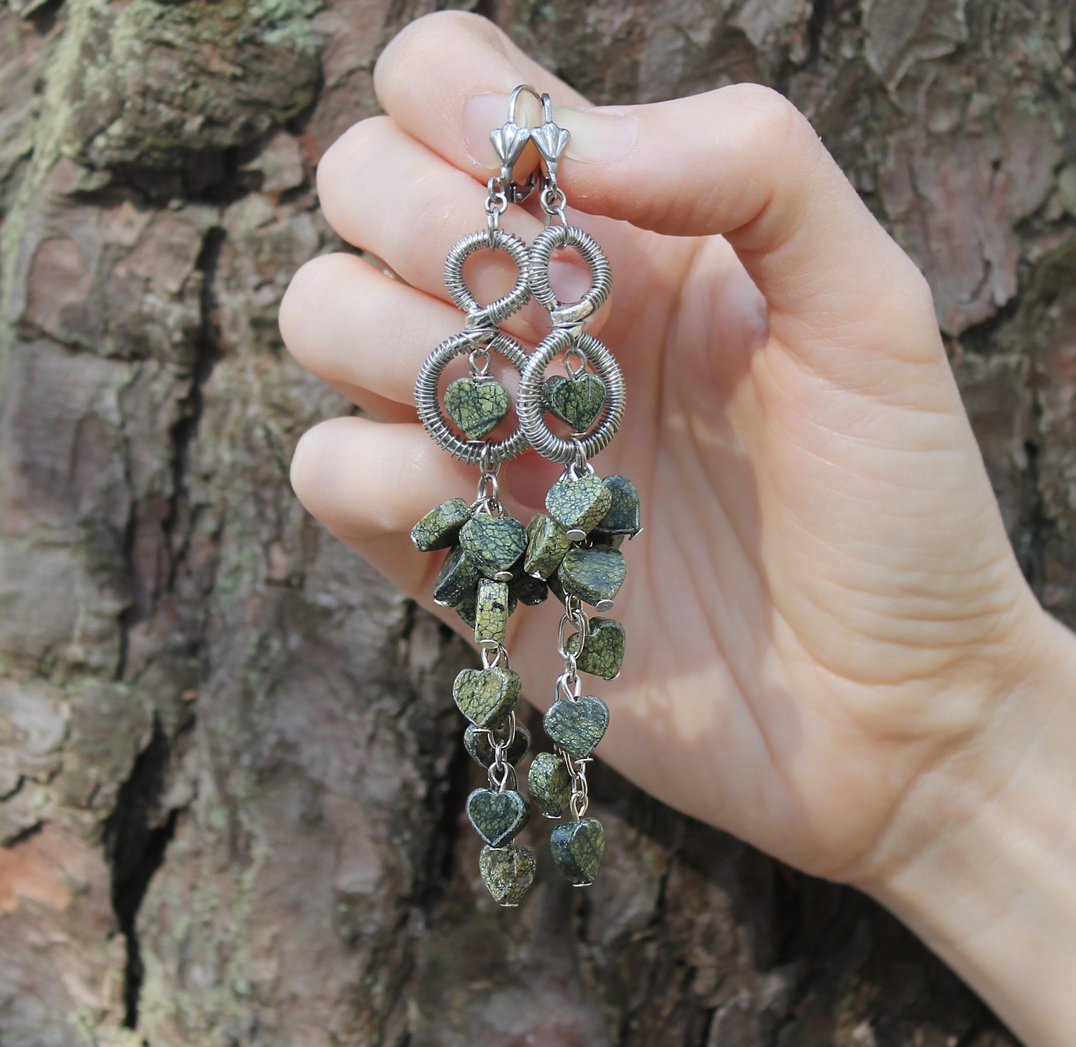 Дополнительное фото товара Роскошные Серьги - Грозди из Натурального Камня - Змеевик (Серпентинит)