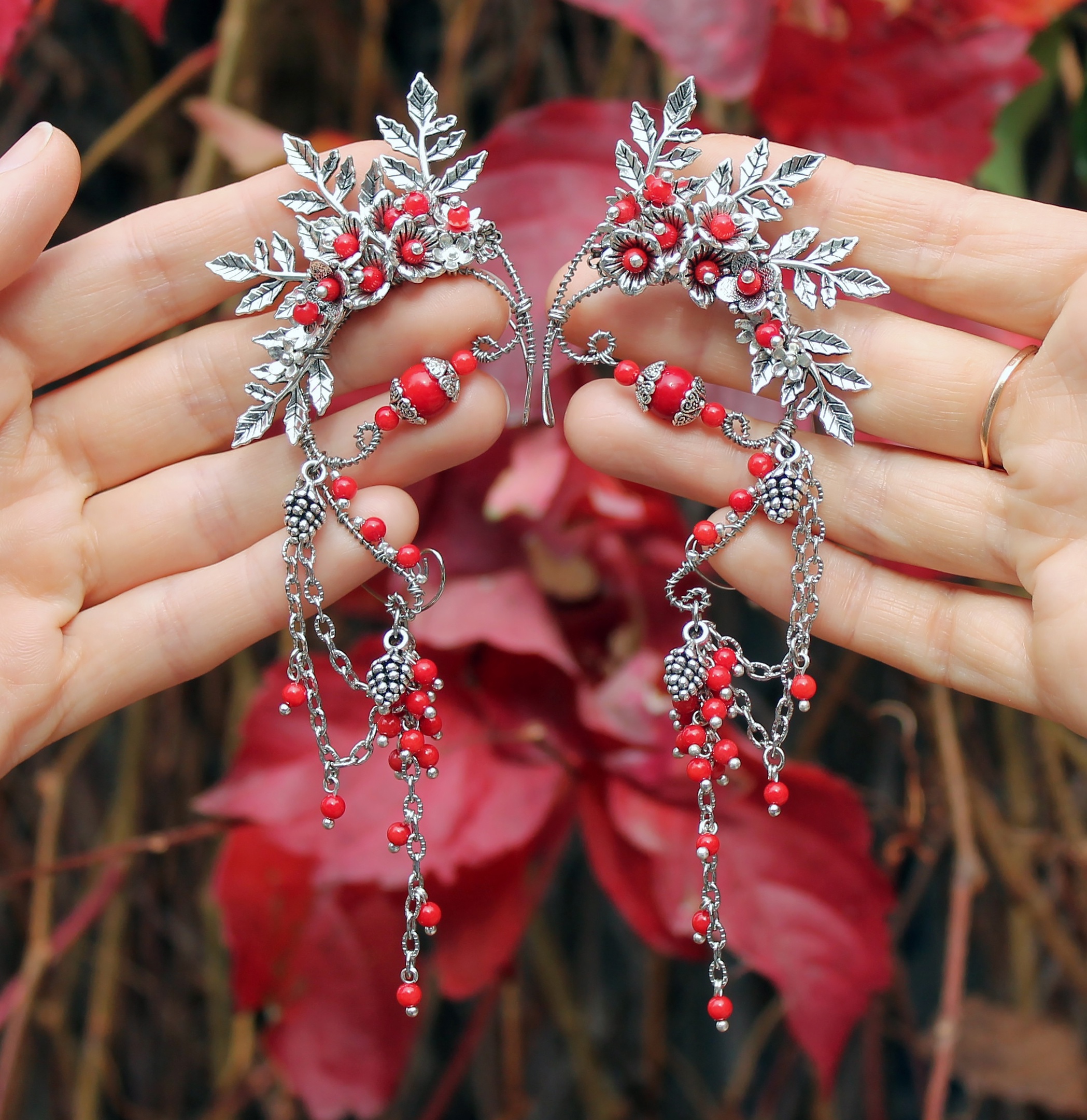 Дополнительное фото товара Комплект из двух эльфийских ушек с натуральным Кораллом