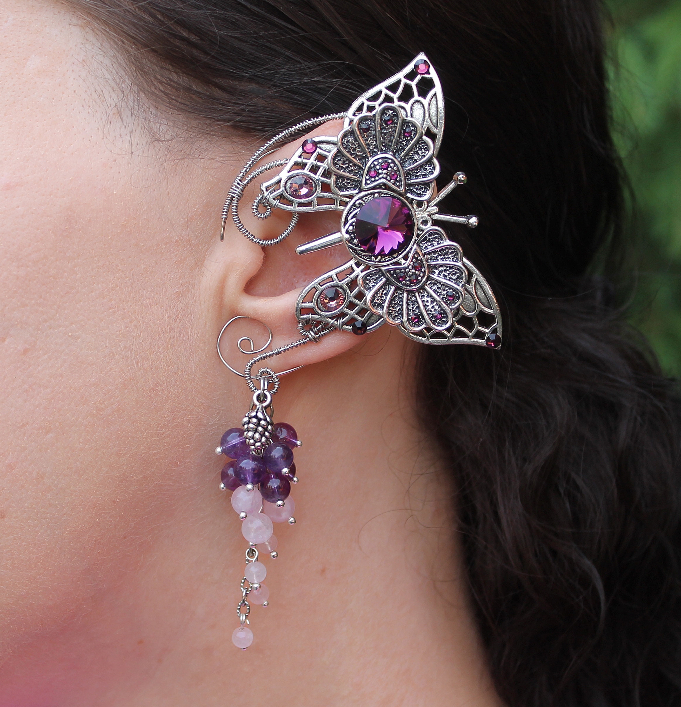 Моносерьга Кафф из Проволоки с кристаллами Swаrоvski, Аметистом и Розо - фото товара