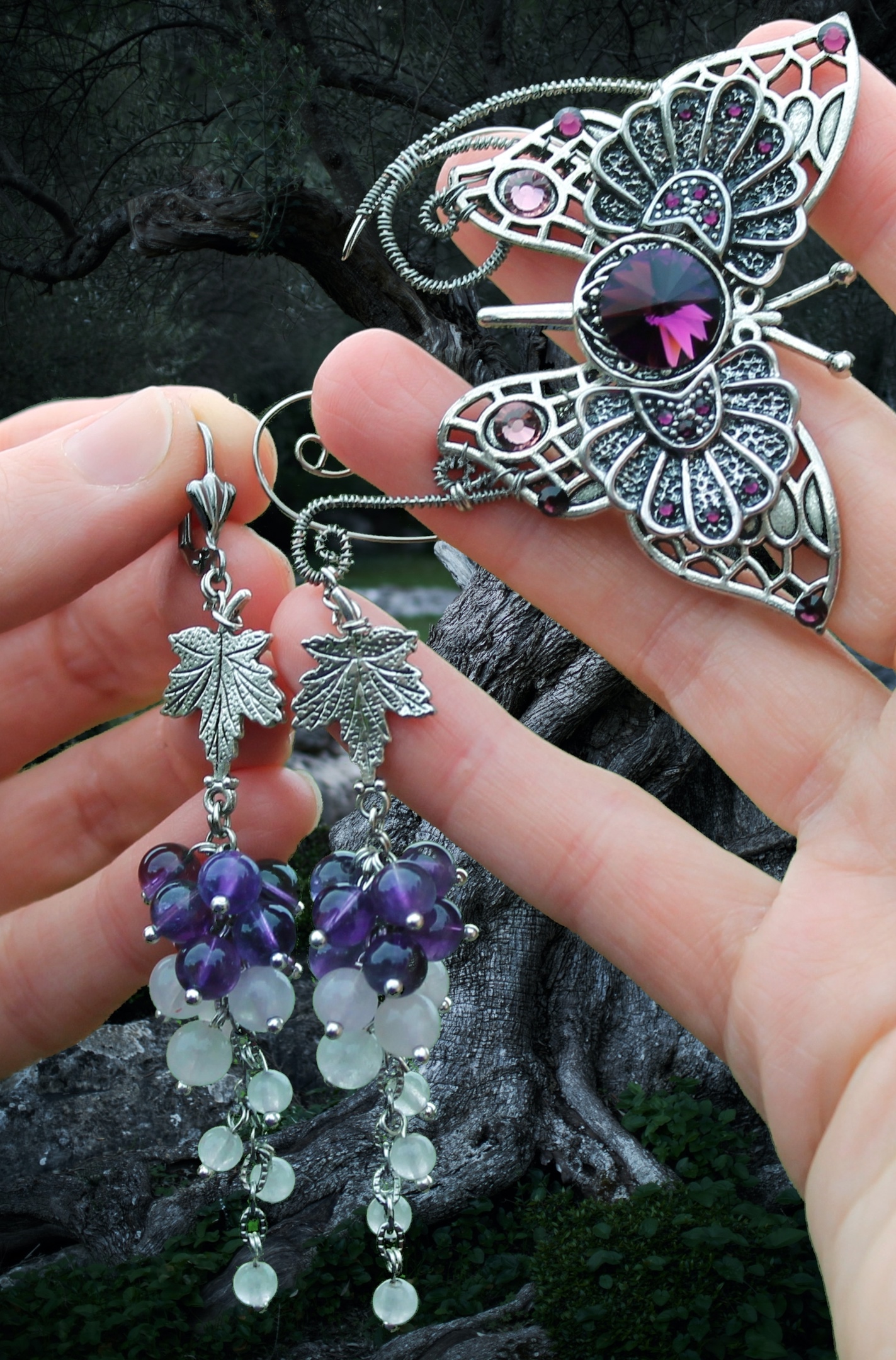 Комплект кафф + серьга с кристаллами Swаrоvski, Аметистом и Розовым Кв - фото товара