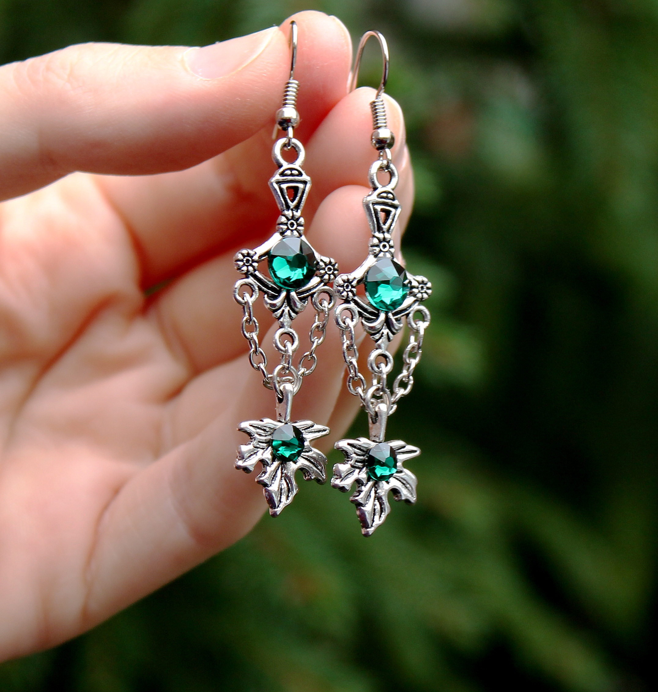 Дополнительное фото товара Винтажные Изумрудные Серьги с Листочками "Райский Остров" со Сваровски