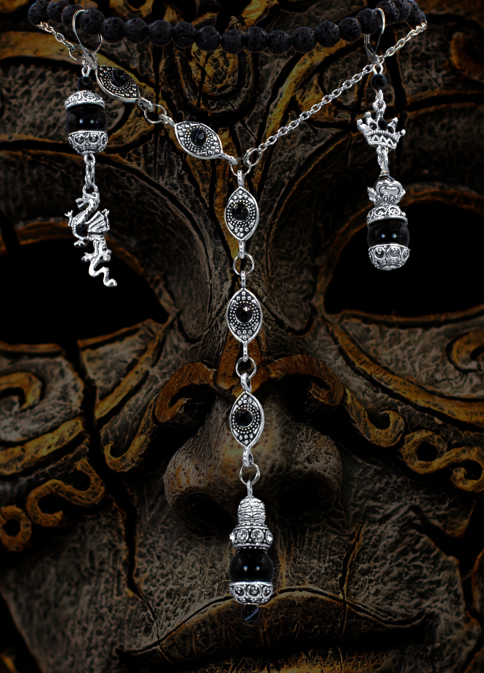 Винтажный Комплект Украшений (Колье + Асимметричные Серьги) с Обсидиан - фото товара